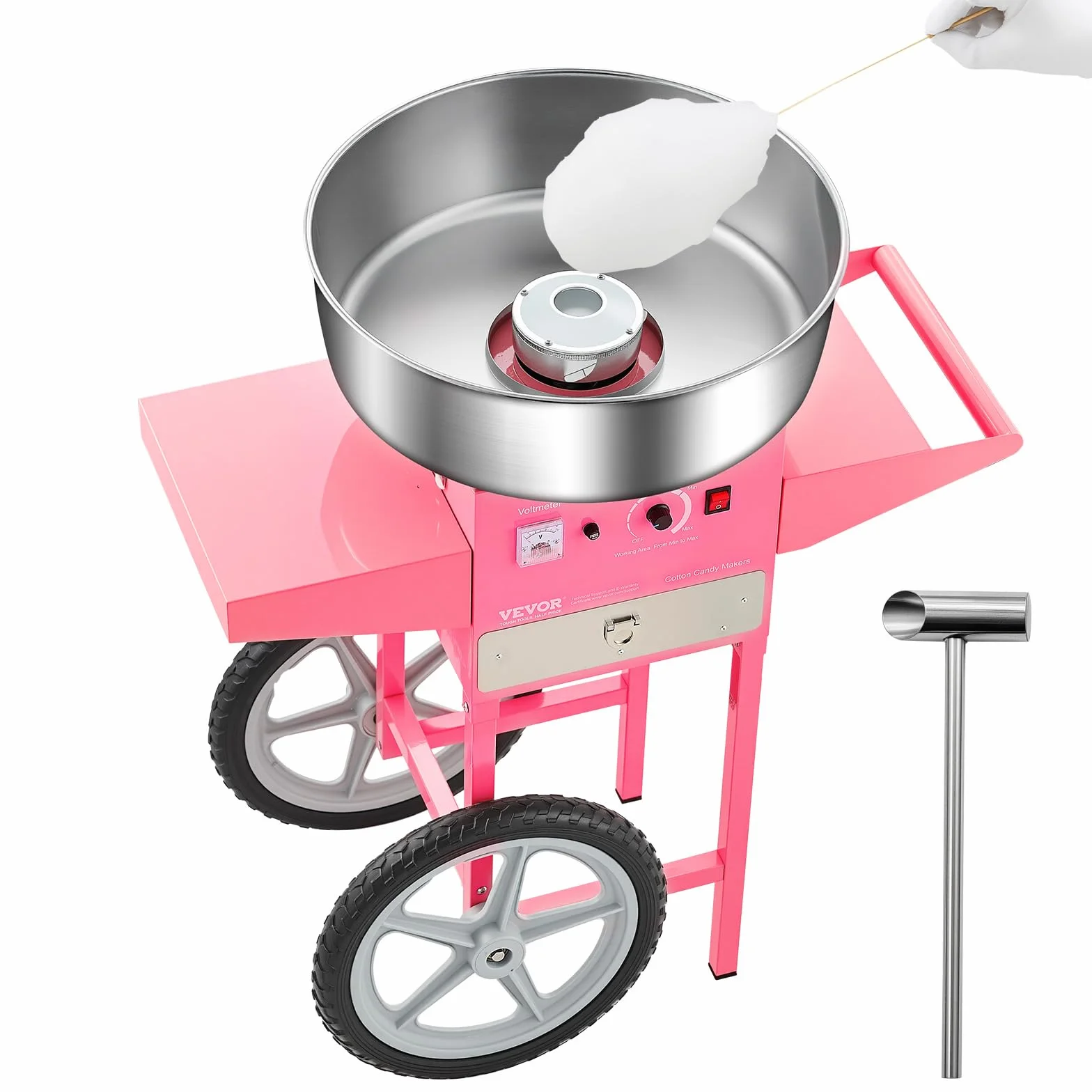 VEVOR Machine à barbe à papa électrique avec chariot, 1000 W, appareil à barbe à papa commercial avec bol en acier inox de 52 cm, cuillère à sucre et tiroir, pour fêtes d'anniversaires d'enfants, rose