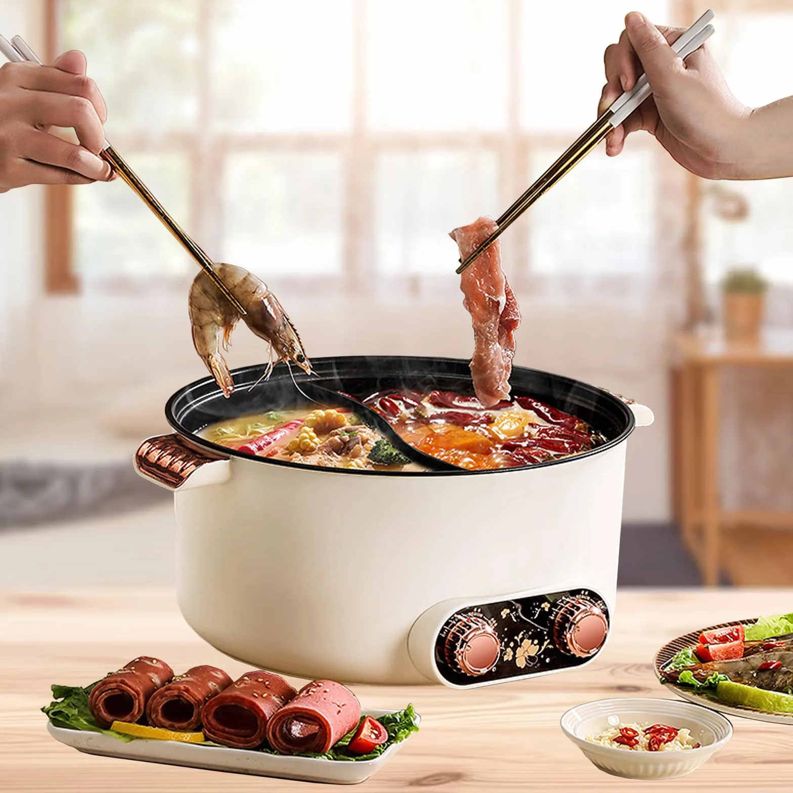 Casserole électrique à 2 côtés avec deux régulateurs 5 L marmite électrique 1350 W trois réglages de puissance poêle à frire antiadhésive multifonction rapide poêle à soupe pour rôtir ramen