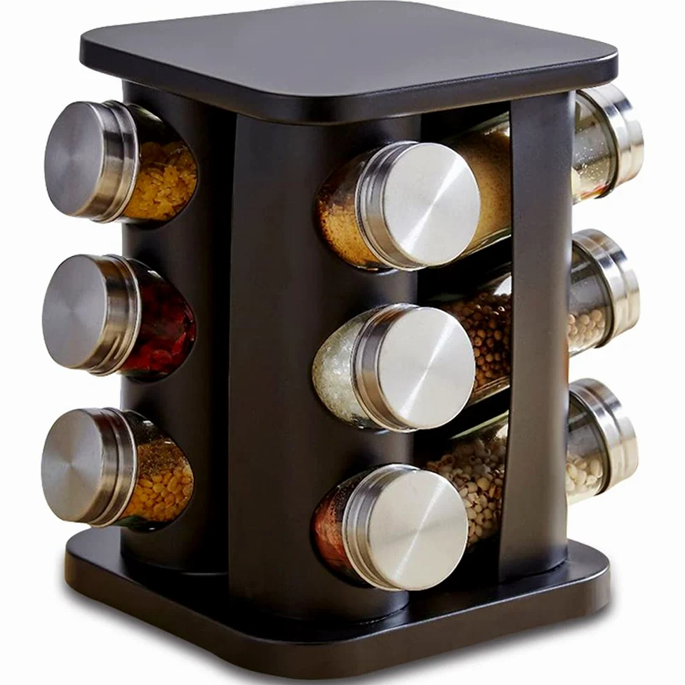 Étagère à épices rotative en acier inoxydable pour 12 pots - Organiseur de comptoir carré - Tour de rangement pour assaisonnements - Pour cuisine - Noir