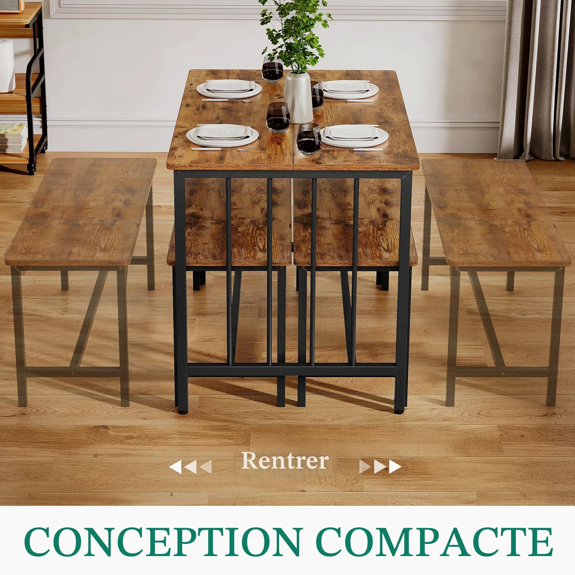 YITAHOME Ensemble Table de Salle à Manger et 2 chaises, Ensemble de Salle à Manger 3 pièces avec Banc, Peu encombrant, Table à Manger pour Cuisine, Appartement, Marron Rustique