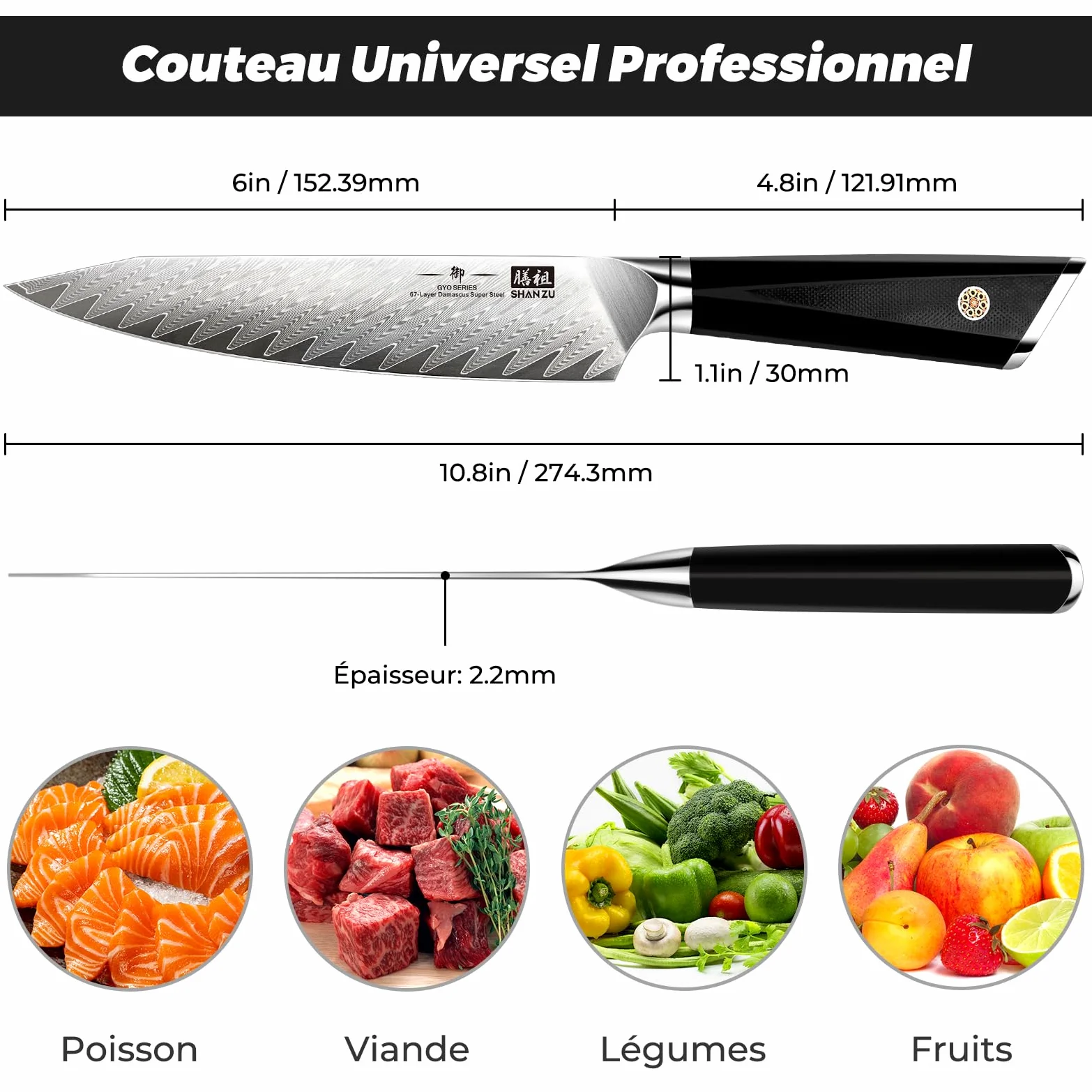 SHAN ZU Couteau Universel 15 cm, Couteau de Cuisine Damas en Acier 10Cr15MoV Japonais, Chef de 6 Pouces, Poignée G10