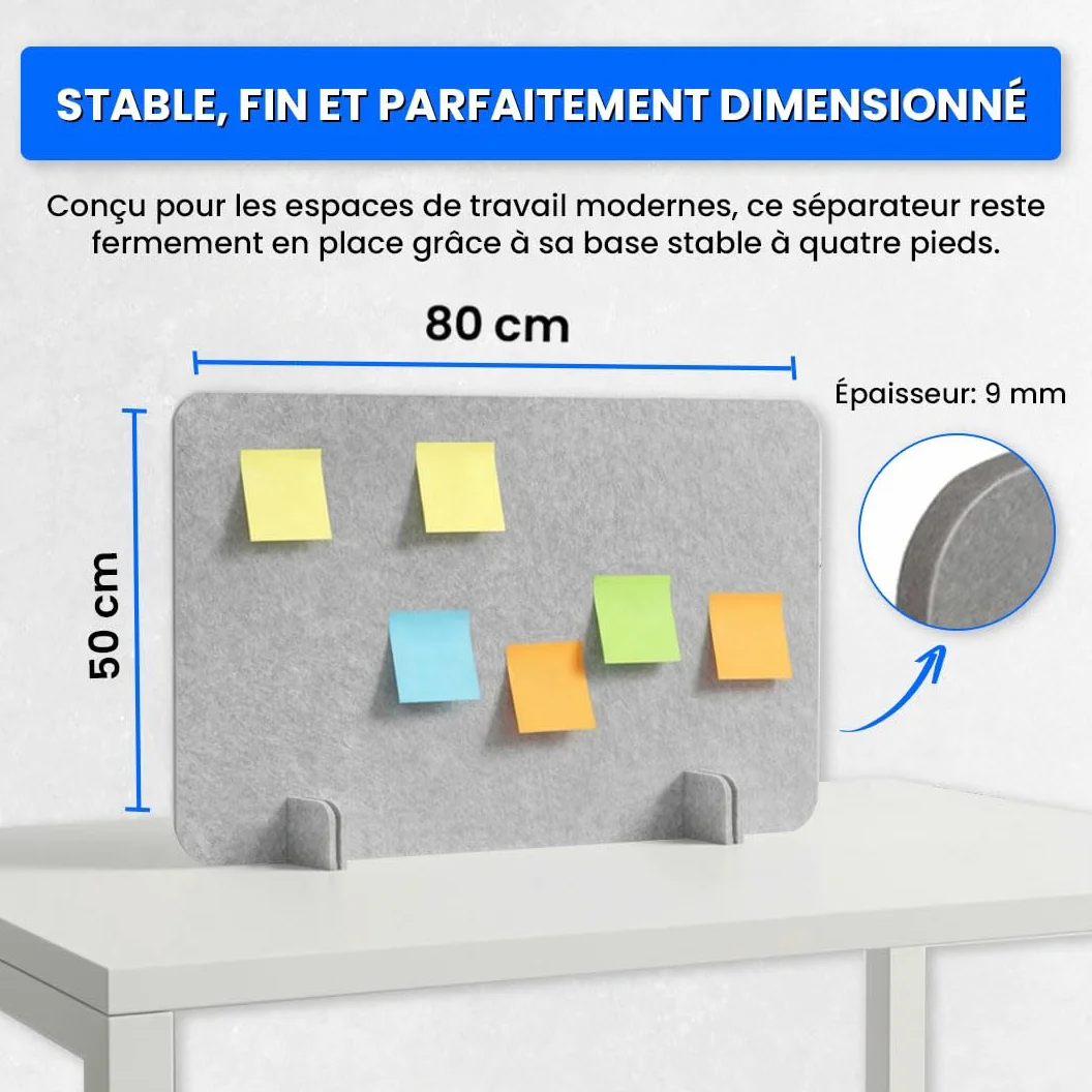 Cloison de bureau ReFind. Réduction acoustique du bruit et écran de confidentialité pour l'espace de travail. Organisateur de bureau autonome. Pour bureau, école et télétravail. [50cm x 80cm]