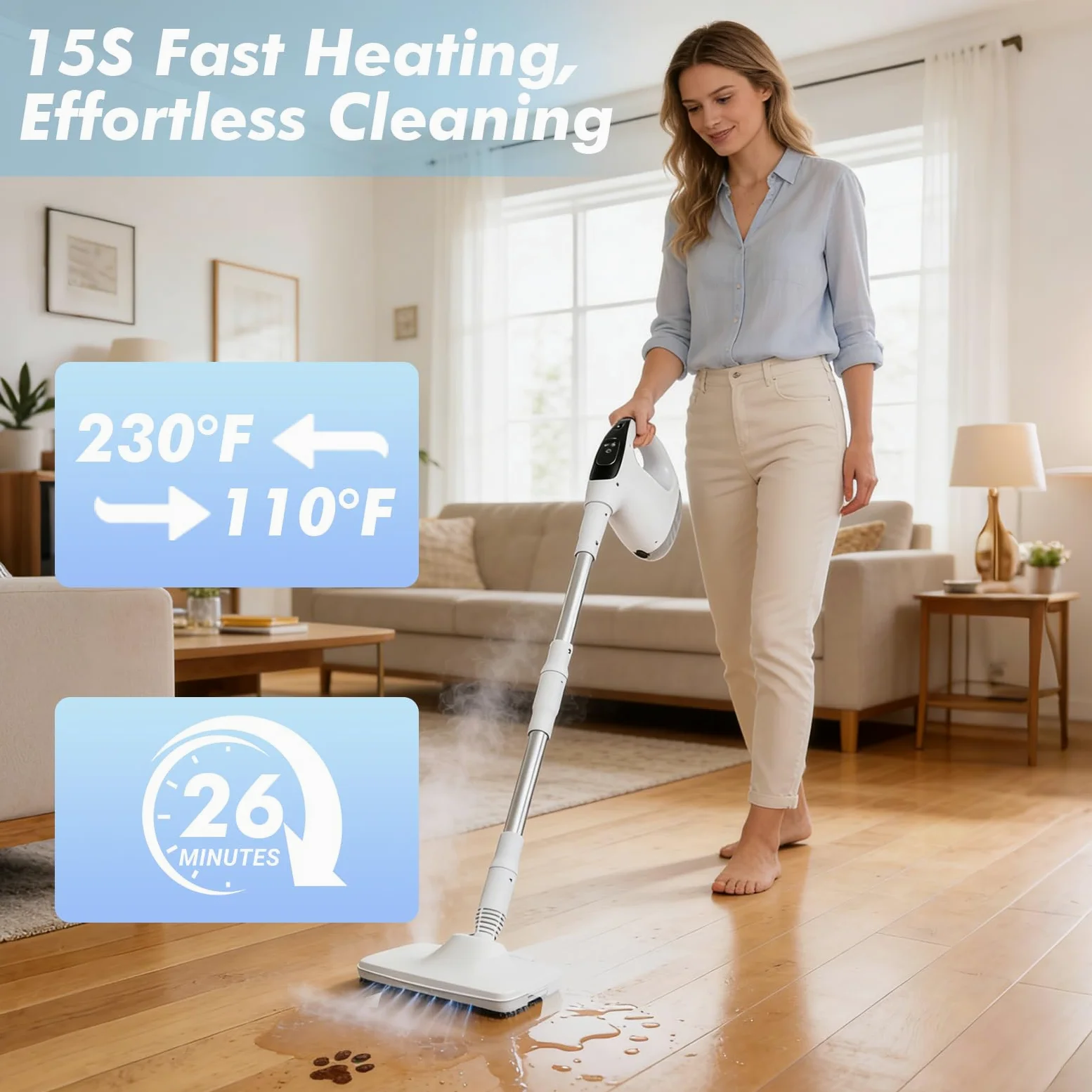 Nettoyeur Vapeur et Balai Vapeur, 1200W 2-en-1 Nettoyeur Vapeur Haute Pression Chauffage Rapide en 15s, pour Sols, Tapis, Fenêtres, Salles de Bains et Cuisines