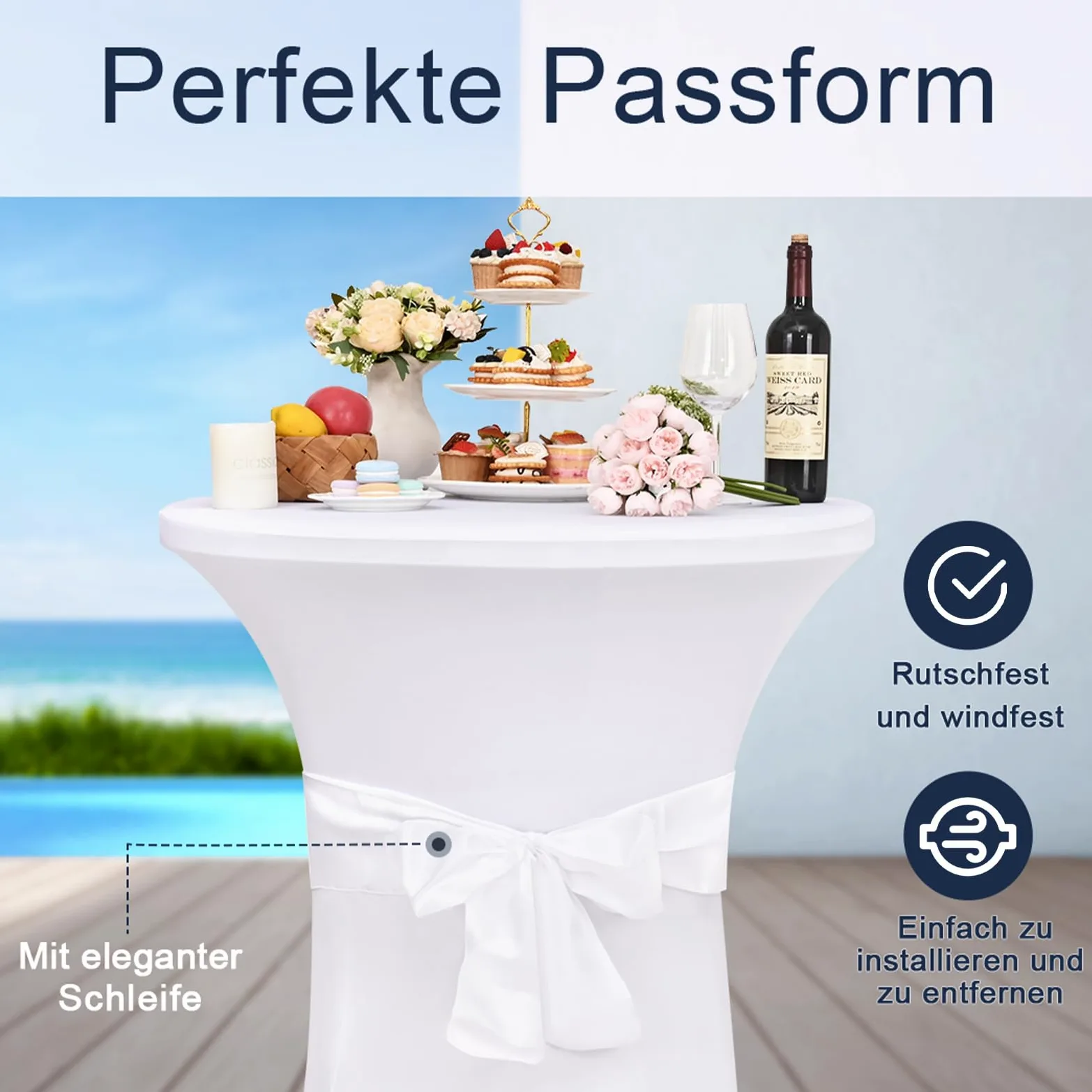 Alishomtll Lot de 3 housses de table haute avec nœud, diamètre 80 cm, extensibles, élégantes housses de table pour table de bistrot, table haute, banquet, mariage (Ø 80 x 110 cm, blanc)