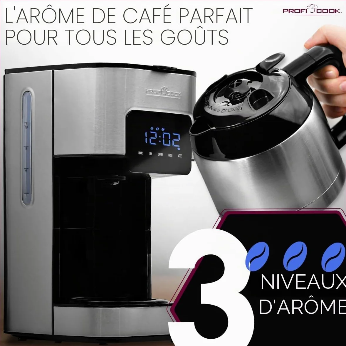 Profi Cook Machine à café avec thermos - avec minuterie pour un café frais le matin - Thermos à double paroi avec fermeture aromatique, Machine à café filtre en acier inoxydable PC-KA 1191