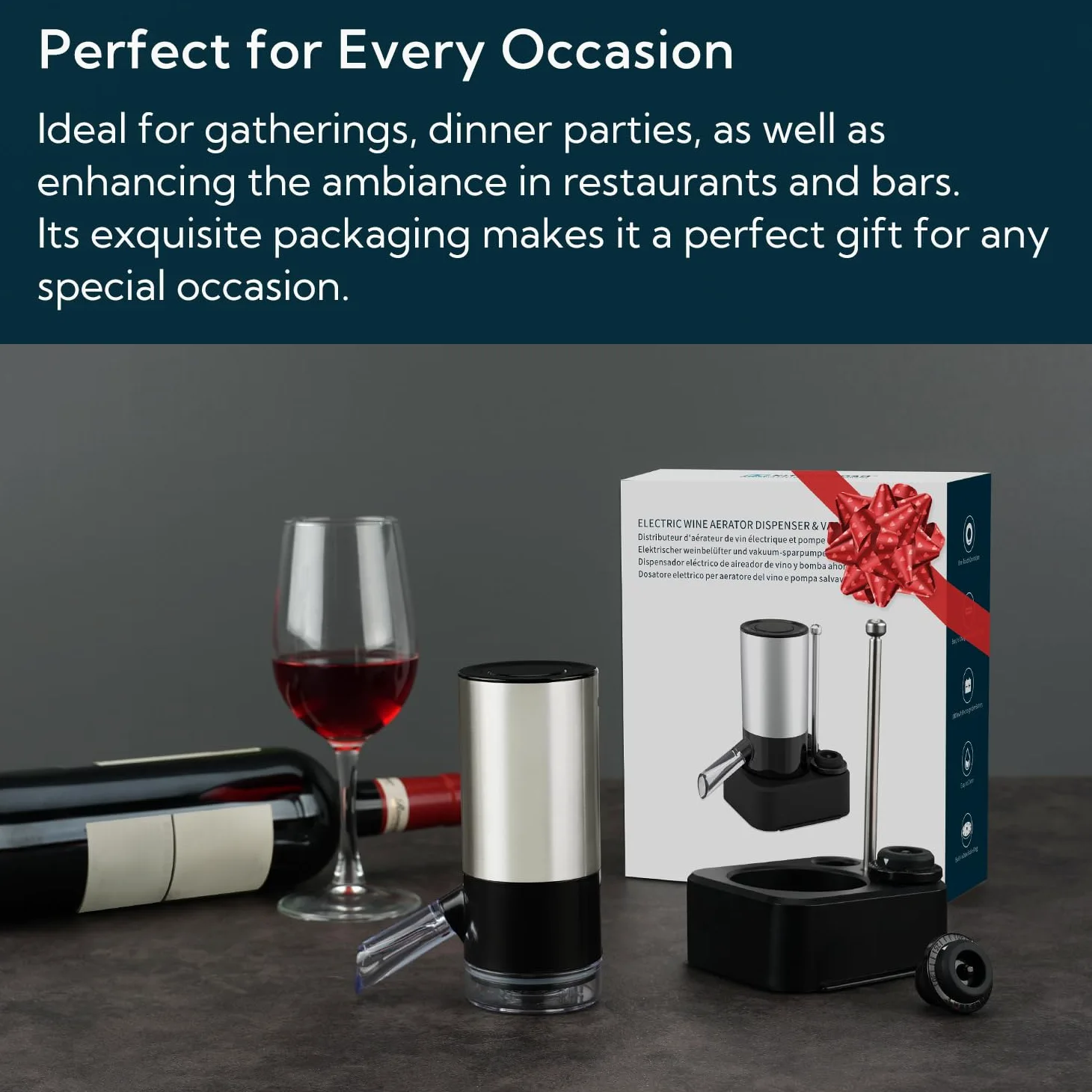 KITCHENDAO Aérateur de vin électrique rechargeable et pompe à vin, bec verseur automatique avec câble USB-C, base de rangement et 2 bouchons, indicateur sonore intégré