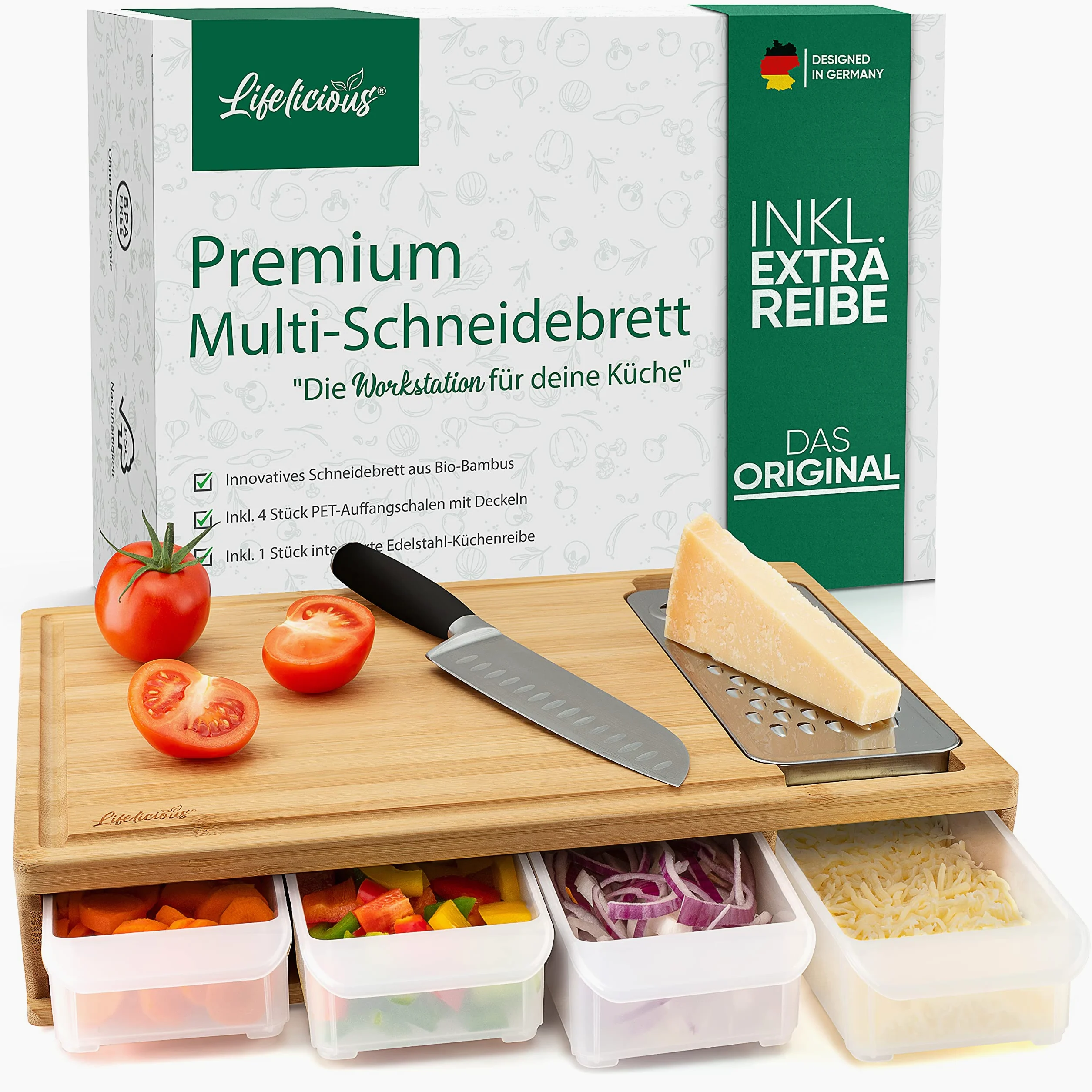 Planche à découper de qualité supérieure avec bac récupérateur [avec râpe en acier inoxydable] Bols en plastique lavables au lave-vaisselle - Grande planche de cuisine