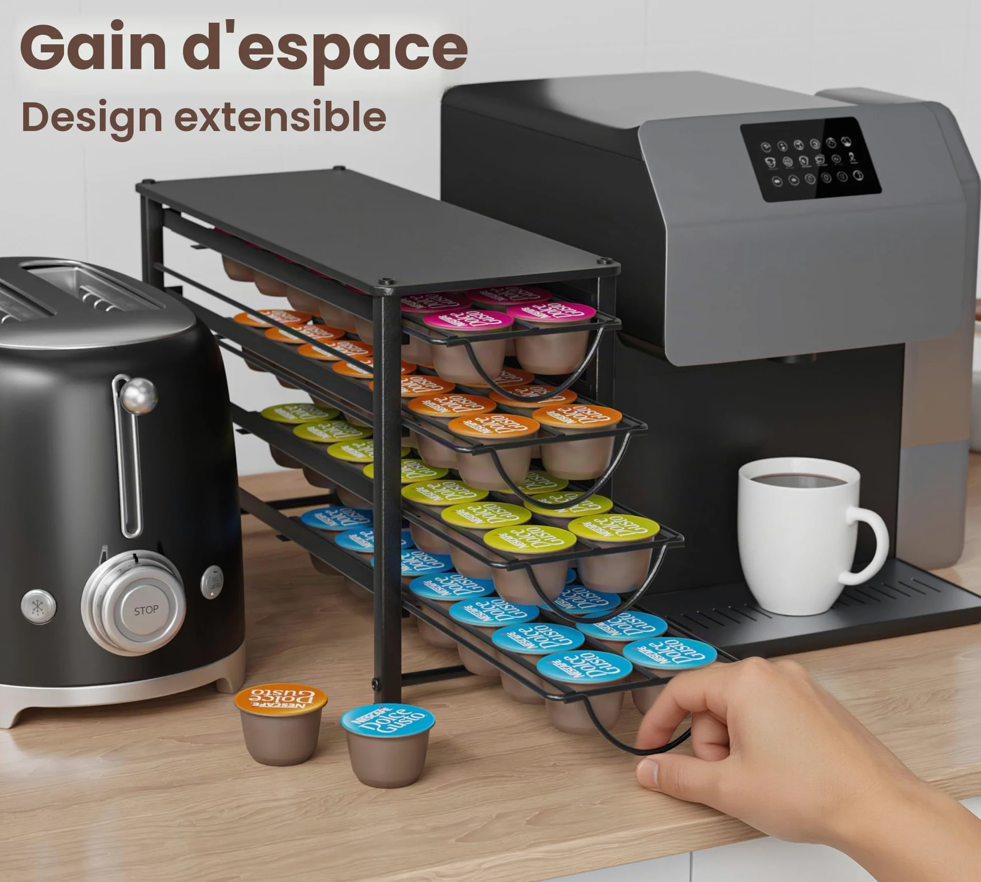 Rangement pour capsules Dolce Gusto 56 capsules de café, 4 tiroirs en métal silencieux avec pieds antidérapants, adapté pour la cuisine et le bureau