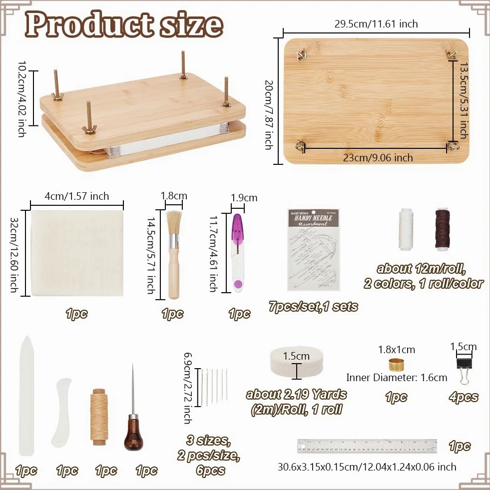 OLYCRAFT Kits de Reliure de Livres Fournitures de Reliure Ensemble D'Outils de Démarrage de Reliure de Livres avec Outil de Presse de Livre en Bois Tissu en Coton Règle en Tissu Dé à Coudre