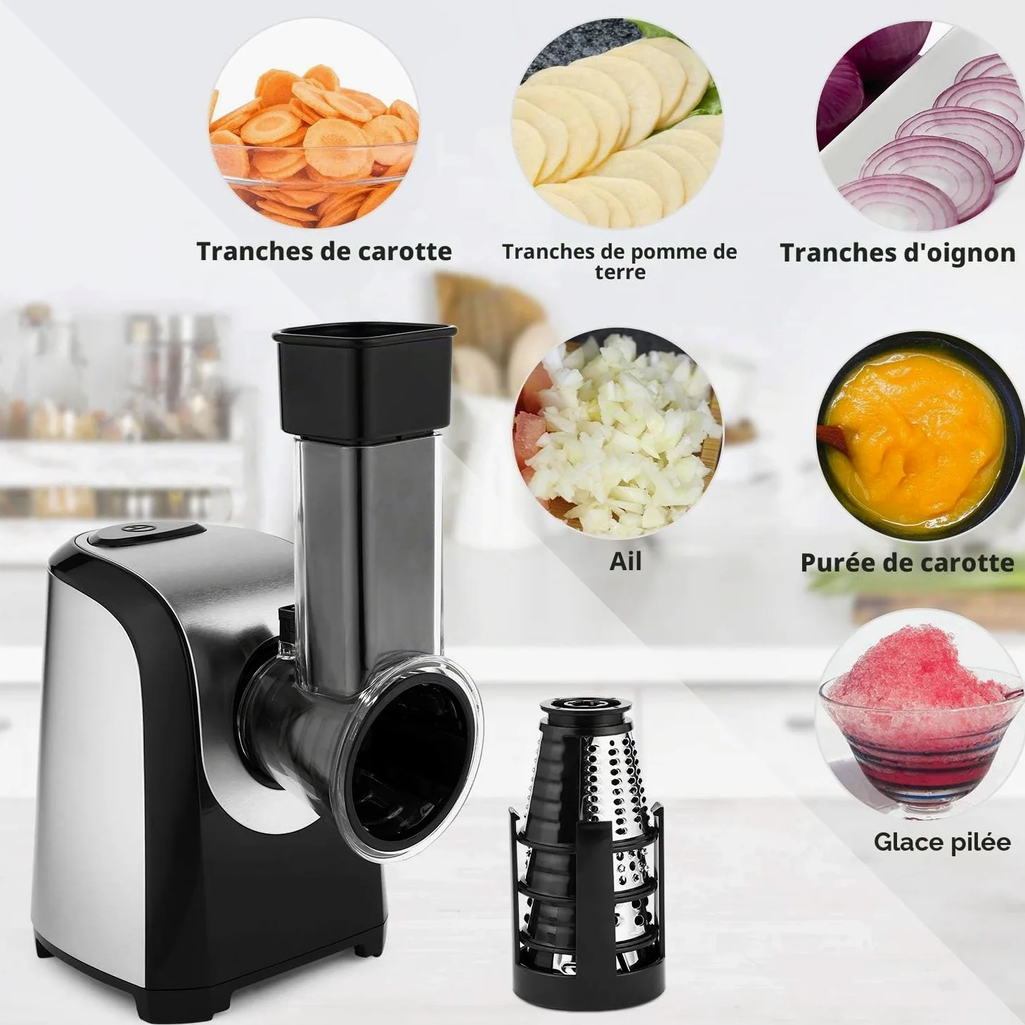Râpe électrique de légumes et de fruits, coupe-légumes 150 W, coupe-légumes électrique avec 5 accessoires en acier inoxydable cylindres, pour légumes pommes de terre oignon