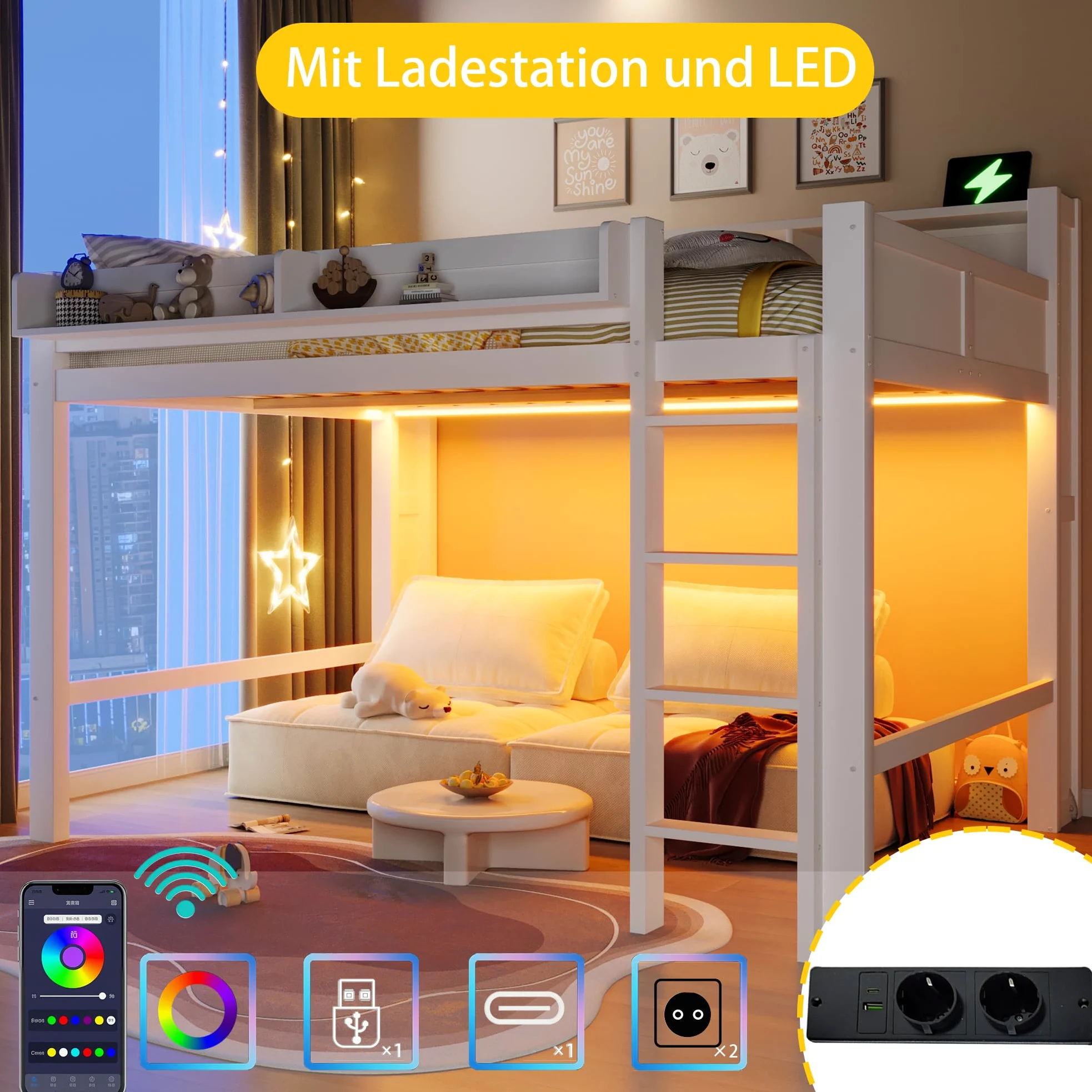 Lit Superposé Enfant 140x200cm avec éclairage LED et Port USB,Lit Mezzanine 2 Place en Bois avec rangements,Garde Corps,lit Jeune duoble,Cadre de lit Double,sans Matelas,Blanc