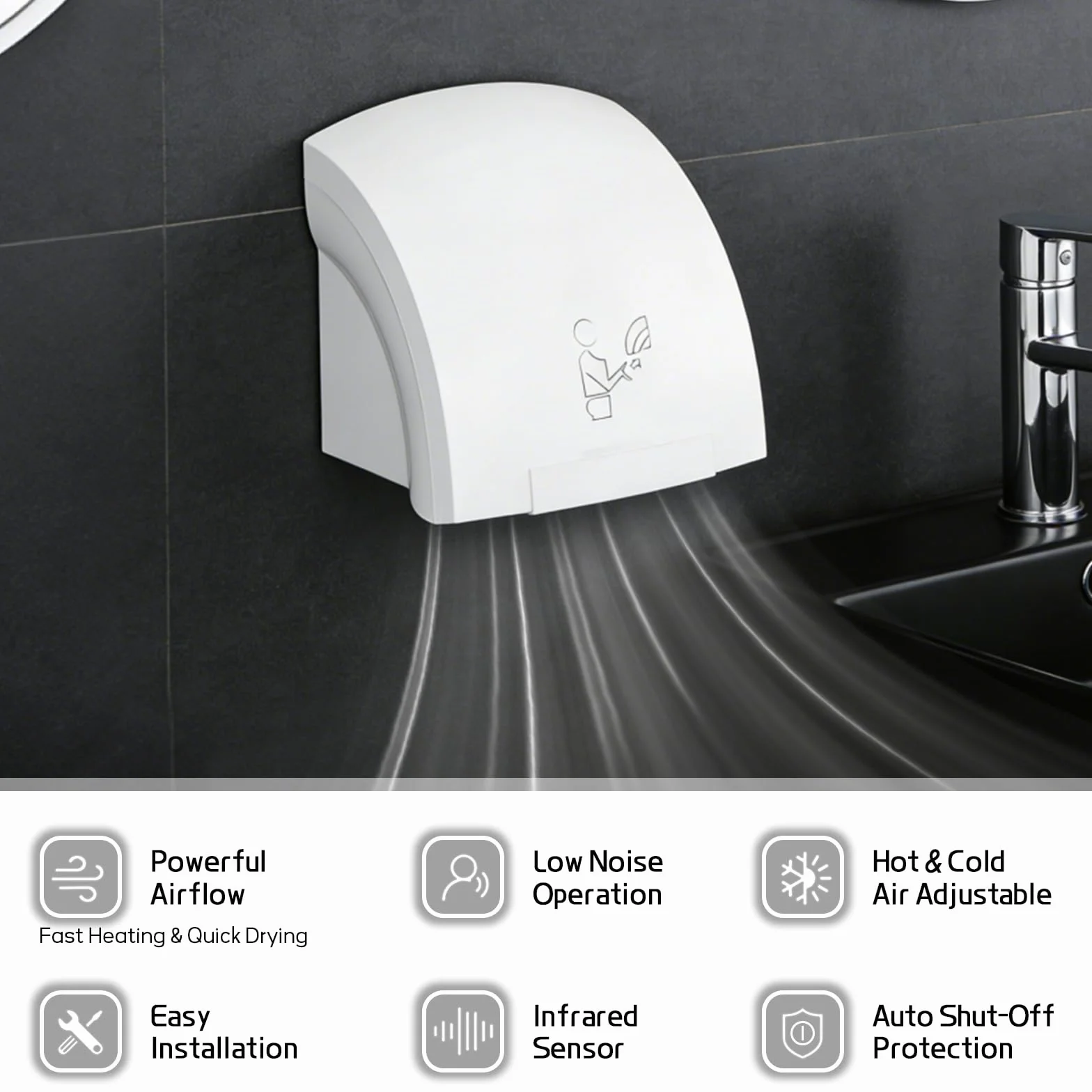 JAOGAUS Sèche-mains automatique 1800 W - Sèche-mains électrique mural - Séchage rapide - Faible bruit - Air chaud et froid - Sans perçage ou perçage - Pour bureau et restaurant