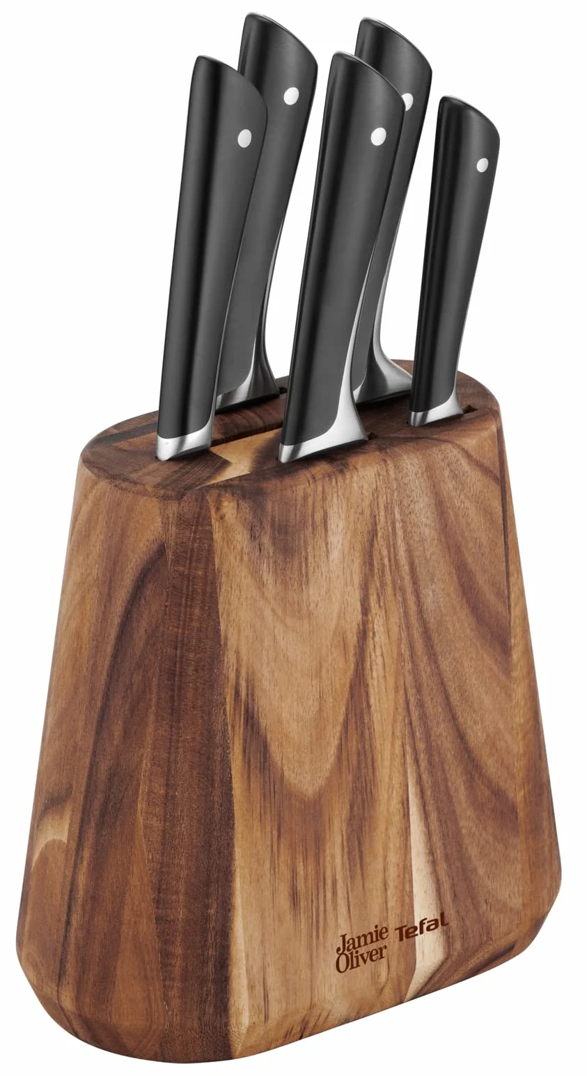 Tefal JAMIE OLIVER by Bloc + 5 Couteaux de cuisine, Chef 20 cm, Santoku 16.5 cm, Pain 20 cm, Utilité 12 cm, Office 9 cm K267S556