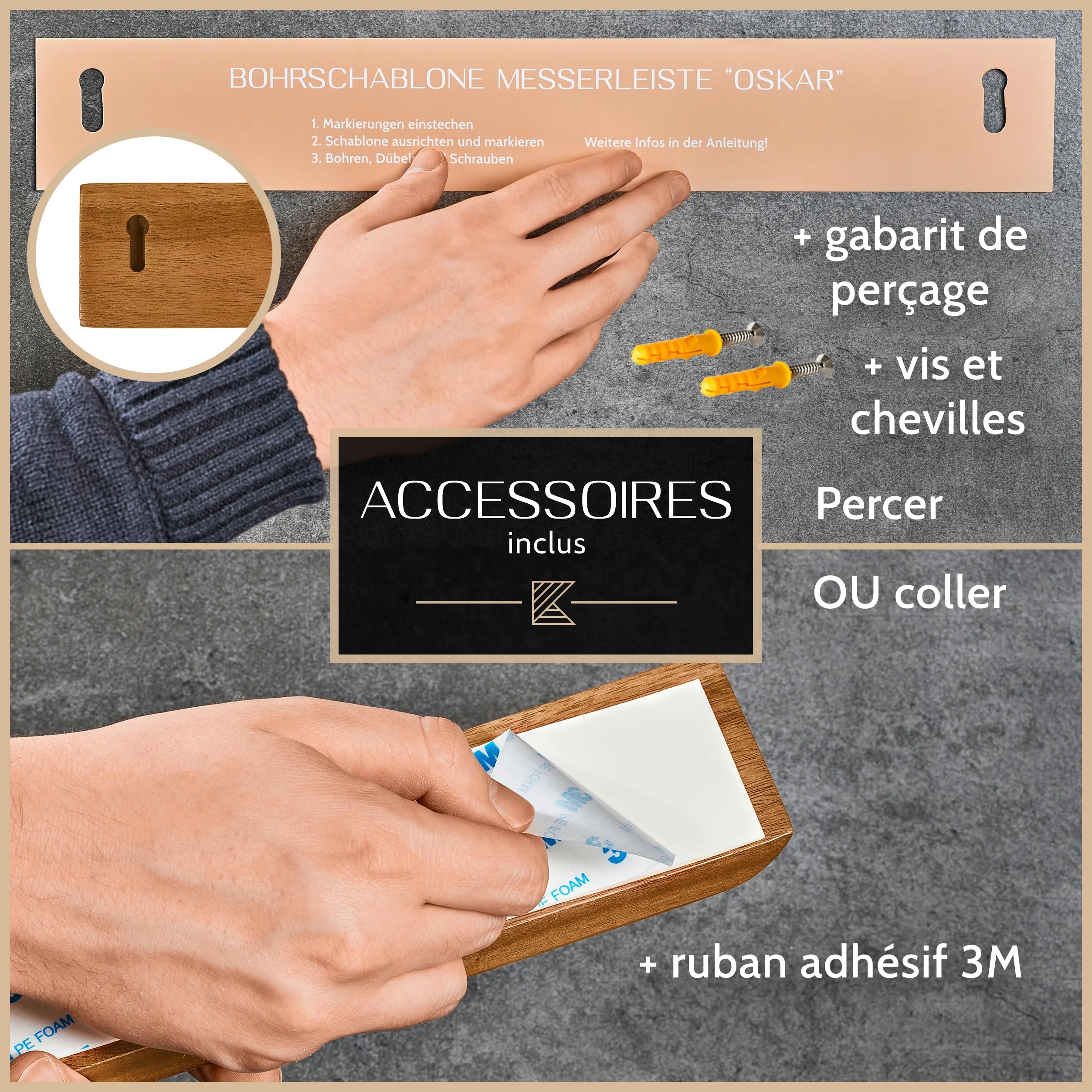 Barre magnetique pour couteaux OSKAR (50 cm) - porte couteaux en bois avec aimant extrêmement puissant pour couteaux lourds - avec accessoires pour coller & percer
