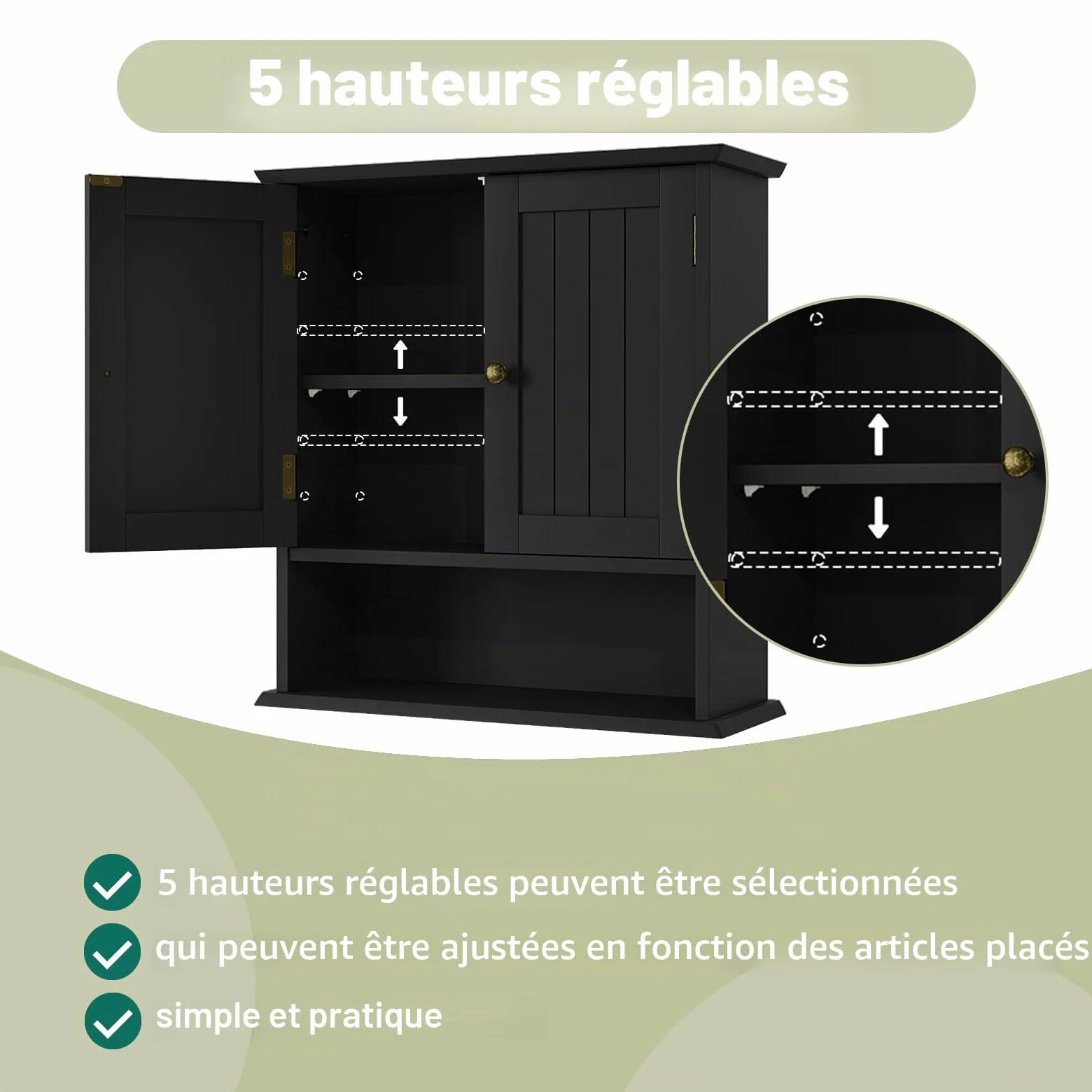 Smuxee Armoire de Toilette Murale Noire pour Petit Espace - Meuble Salle de Bain Suspendu avec 2 Portes et Étagères Réglables - Range-Toilette Étanche pour WC, Buanderie et Cuisine