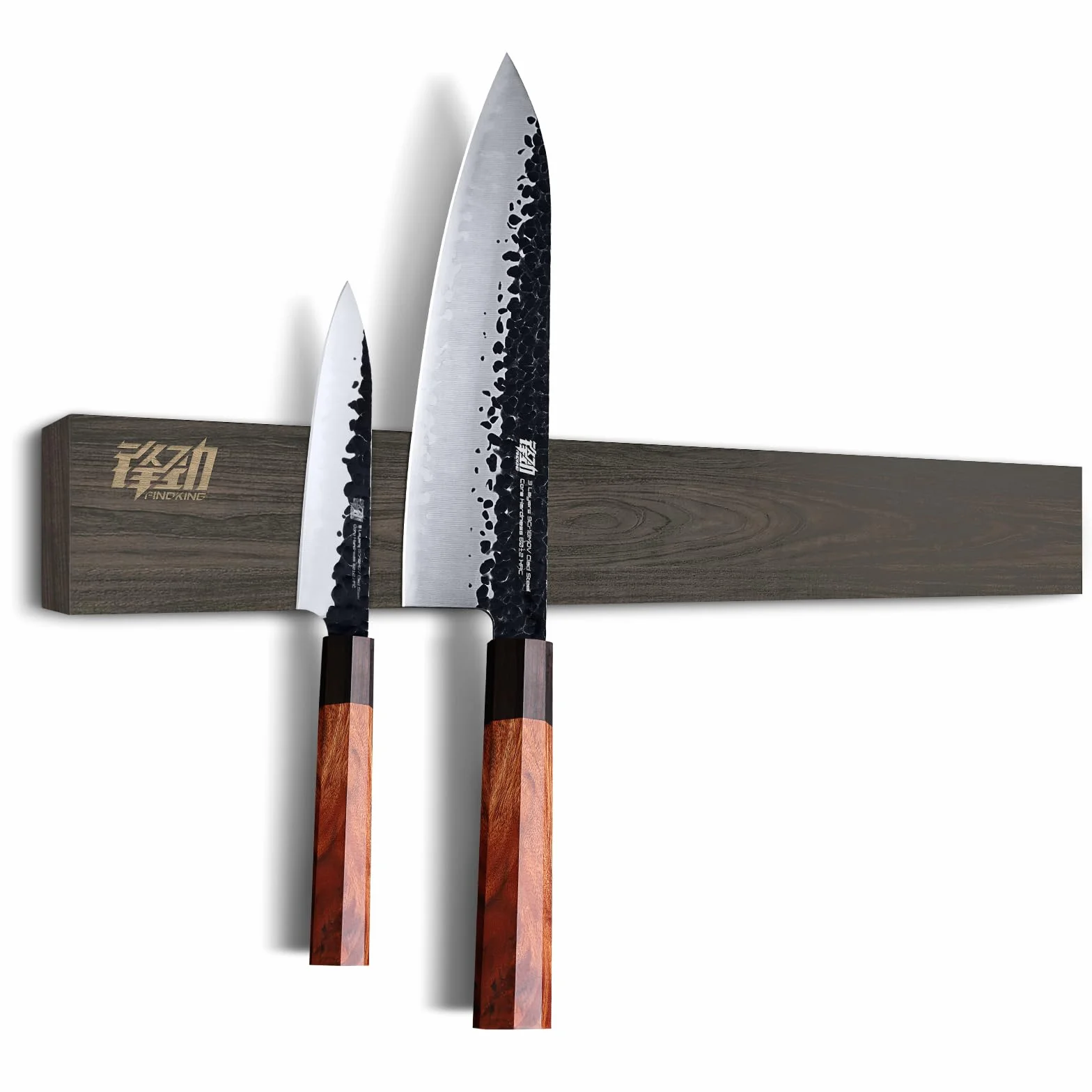 FINDKING Barre Magnétique en Bois de Frêne pour Couteaux, Support Magnétique pour Cuisine, Murale et Réfrigérateur, Installation sans Perçage (46CM, Marron Foncé, Sans Couteaux)