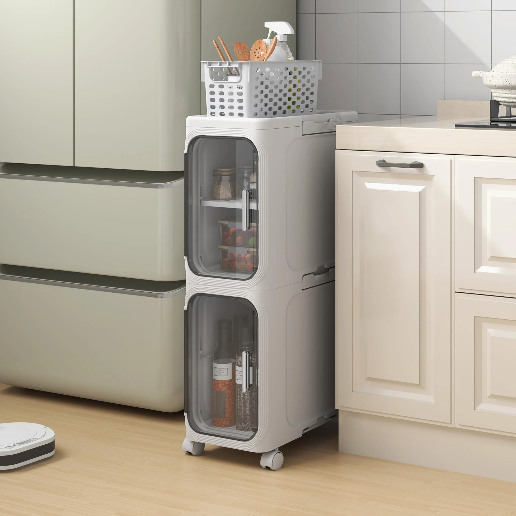 Armoire de Salle de Bain Mince, unité de Rangement Autonome en Plastique avec Porte, Petit Chariot étanche avec roulettes pour Bureau, Salon, Cuisine, entrée (21CM*34CM*67CM, Blanc)