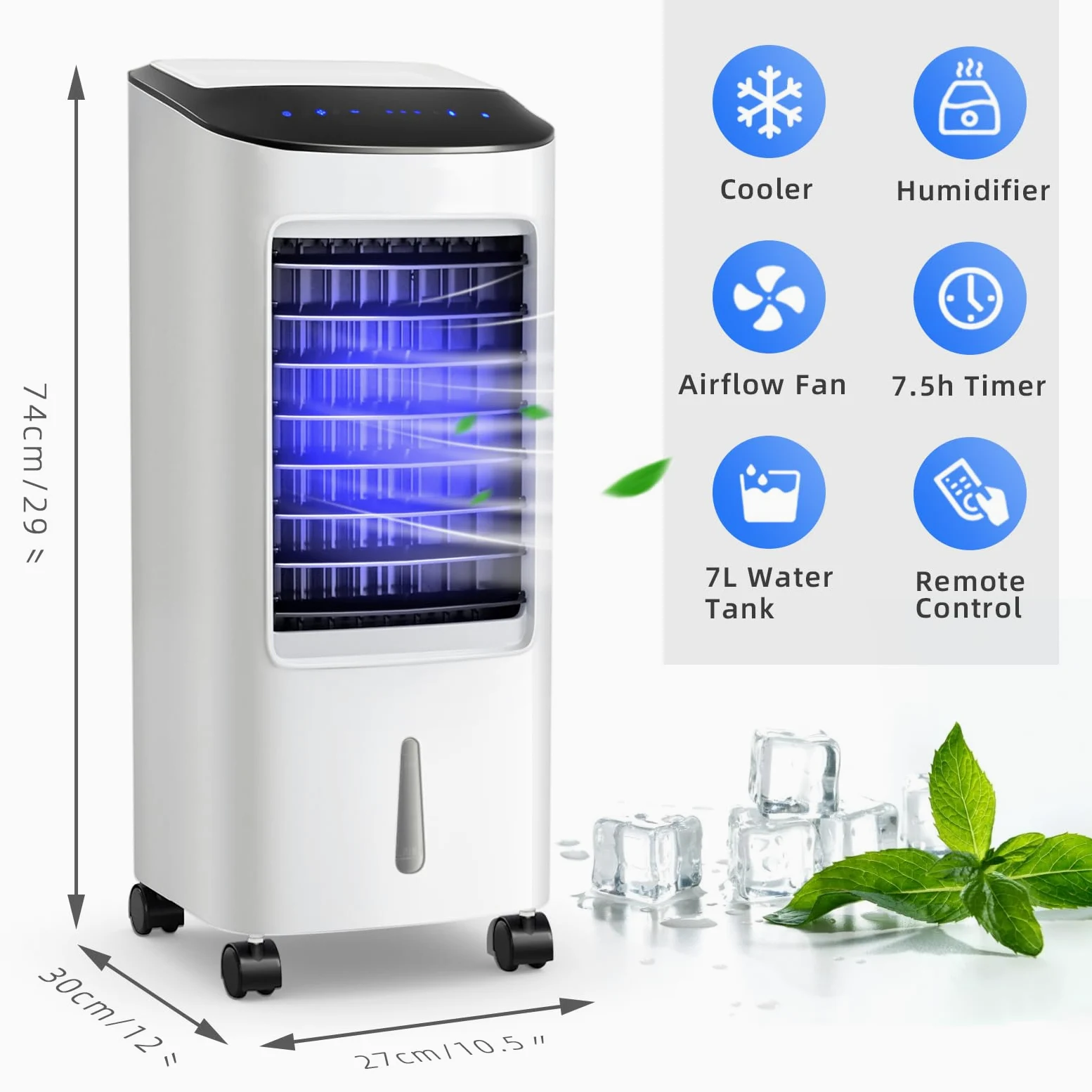 SOARS Ventilateur Rafraichisseur d'Air 65W, 3 en 1 Refroidisseur d'Air, Ventilateur, Humidificateur, 3 Vitesses, Minuterie 7,5H, Réservoir d'Eau 7L, Télécommande, pour Chambre, Salon, Bureau
