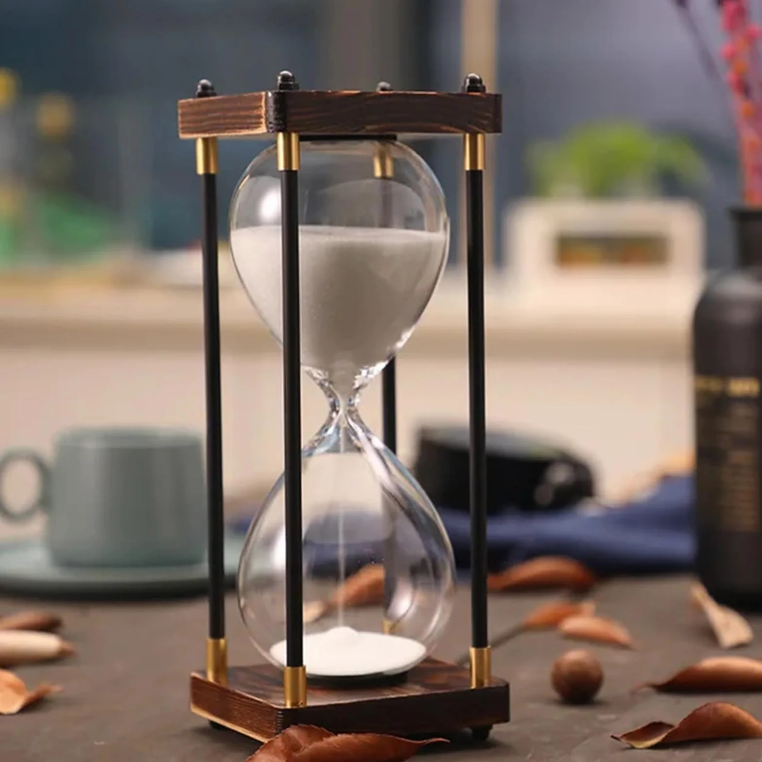 Grand sablier 60 minutes, sablier en bois, décoration en verre arc-en-ciel, cadeau pour la maison, le bureau, la décoration de mariage (blanc)