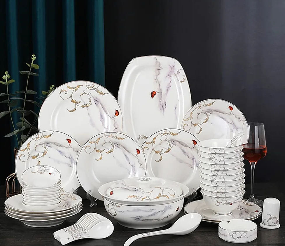 Ensembles de Vaisselle en Porcelaine Tendre, Ensemble de Vaisselle de 46 pièces, Ensemble de Vaisselle de Style européen, Ensemble de Vaisselle en céramique pou(