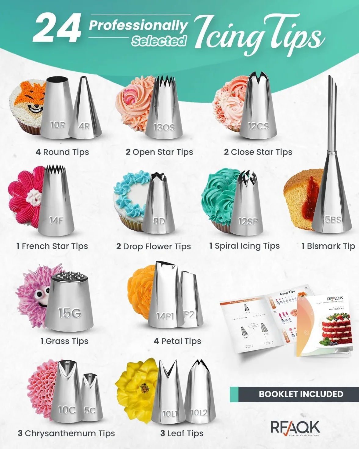RFAQK Kit de décoration de gâteaux 65 pièces avec plateau tournant - 24 douilles numérotées avec tableau de motifs et livre électronique - Spatule droite et décalée - 30 poches à glaçage - 3 grattoirs