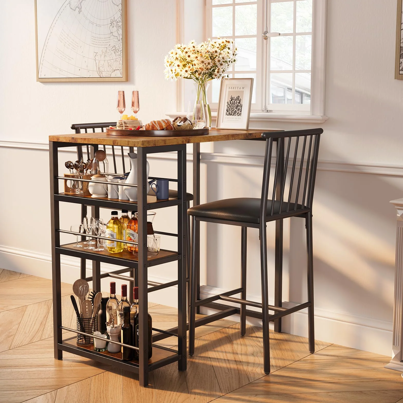 Xbro Ensemble Table de Bar avec 2 Chaises Rembourrées, Table de Bistrot pour Cuisine avec 3 Étagères (Marron)