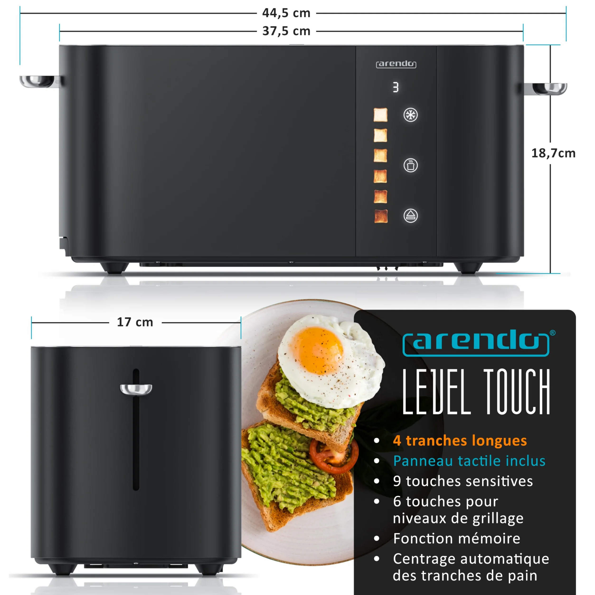 Arendo - Grille-pain Fentes longues Tranches Toaster Arendo Affichage couleur des niveaux de brunissage, Écran avec minuterie, Commandes tactiles, Réchauffe-Viennoiseries Niveaux de brunissage 1 à 6