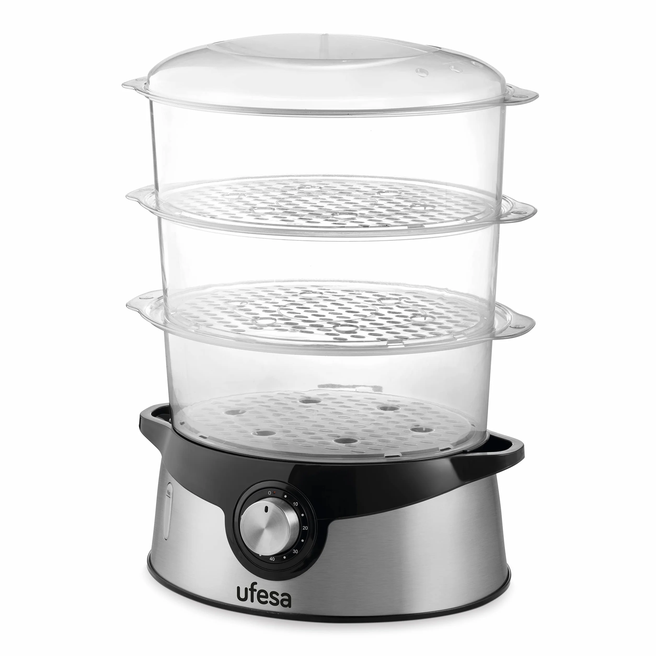 Ufesa CV4000 Cuiseur Vapeur 800W, 3 Plateaux Empilables, Capacité 9L, Minuterie de 60min, Inclus Bol de Riz de 1L, Sans BPA, Inox