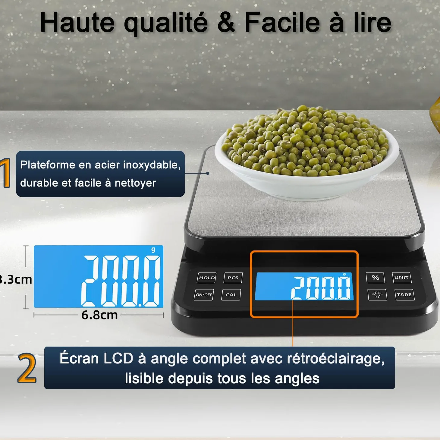 BOMATA Balance de cuisine grande taille, précision de 0,1 g, balance de boulangerie de 5 kg fonction pourcentage, rechargeable par USB, écran LCD à angle complet avec rétroéclairage, Noir et Argent