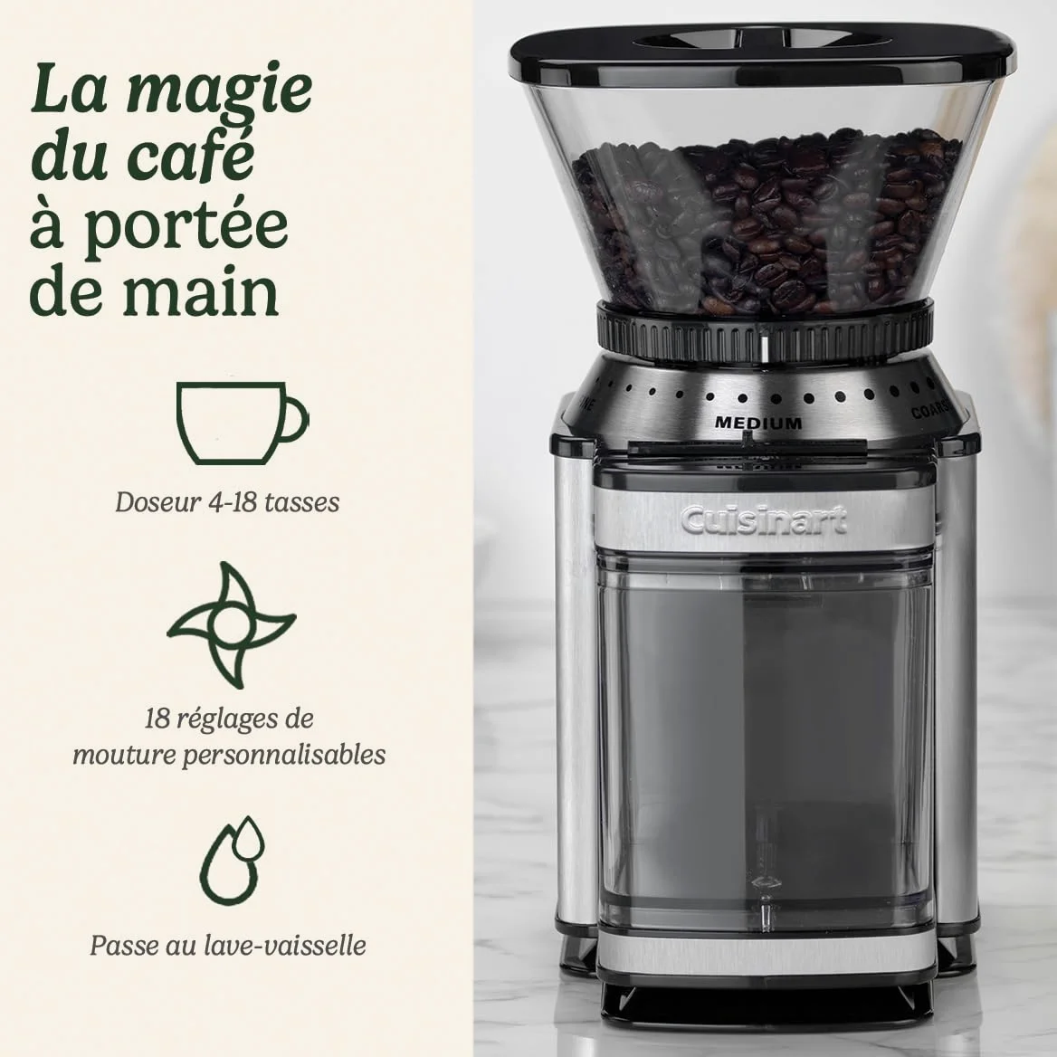 CUISINART Moulin à café pour la maison | 4-18 tasses | 18 réglages de mouture | Différentes intensités d'infusion - espresso, infusion à froid, latte, cappuccino | lavable au lave-vais