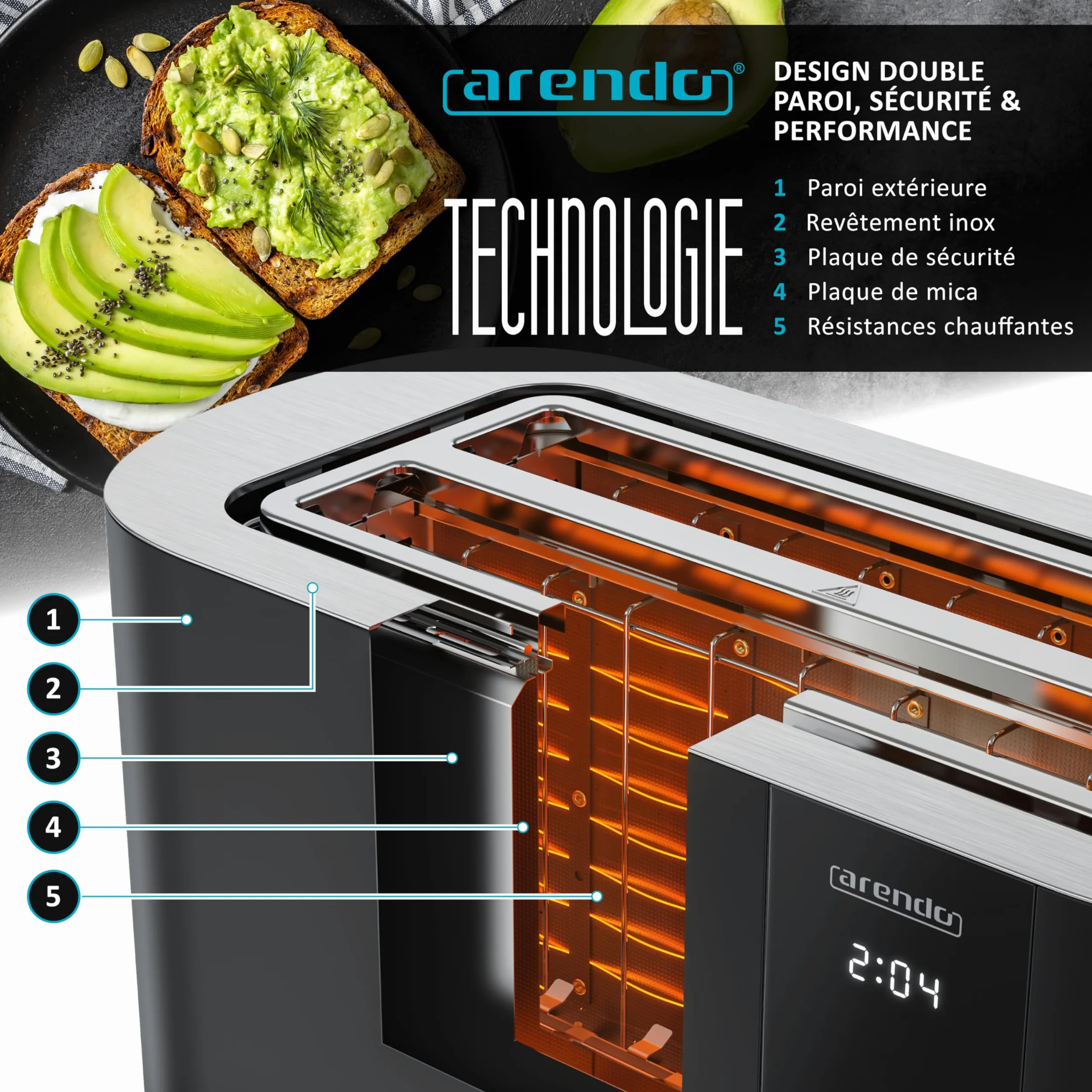 Arendo - Grille-pain Fentes longues Tranches Toaster Arendo Affichage couleur des niveaux de brunissage, Écran avec minuterie, Commandes tactiles, Réchauffe-Viennoiseries Niveaux de brunissage 1 à 6