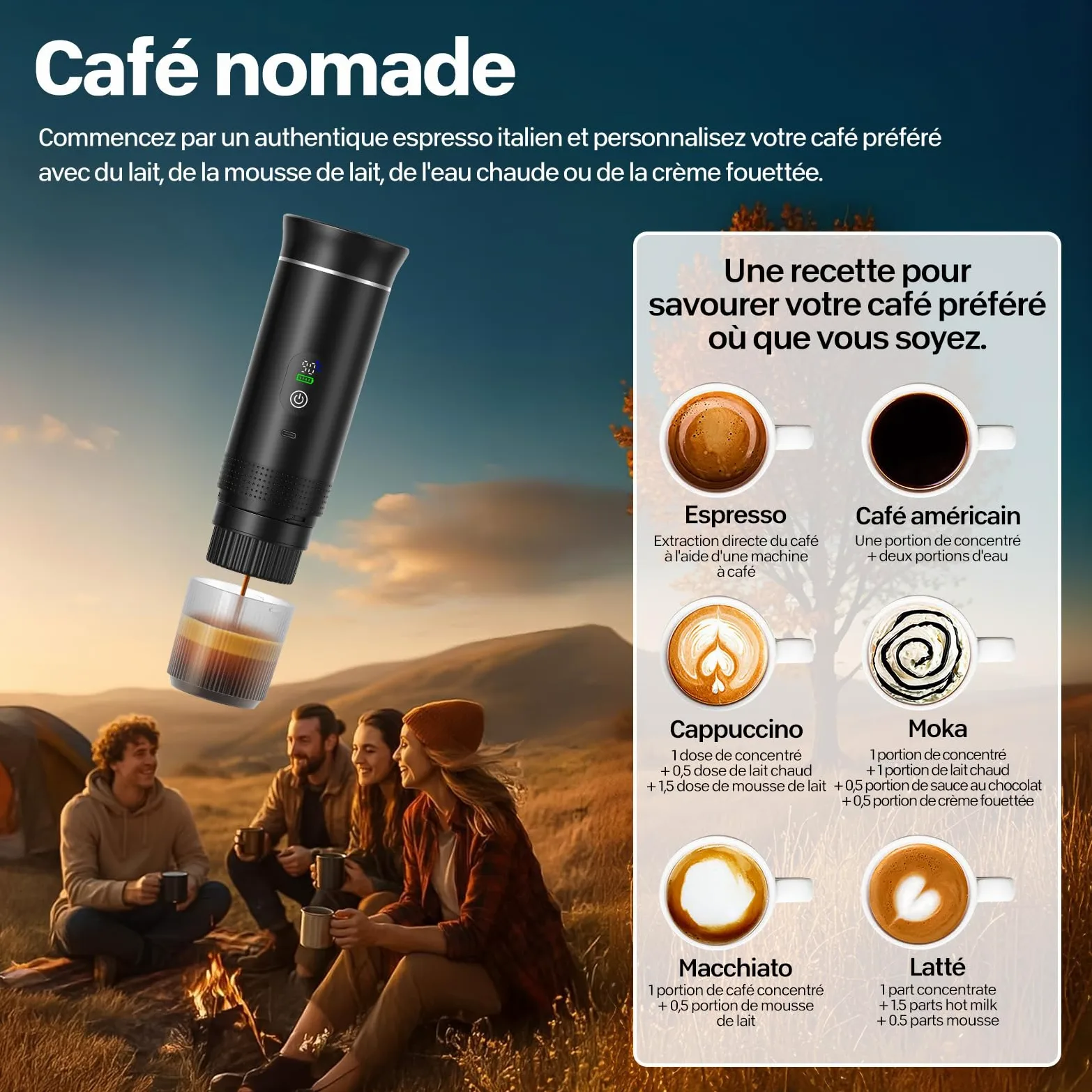 VHV Cafetière Portable 3 en 1,Rechargeable Cafetière Portable de Voyage,12V Expresso Machine a Cafe pour Capsule,Café Moulu,pour Camping,Bureau,Voyage, Maison, Voiture (Noir)