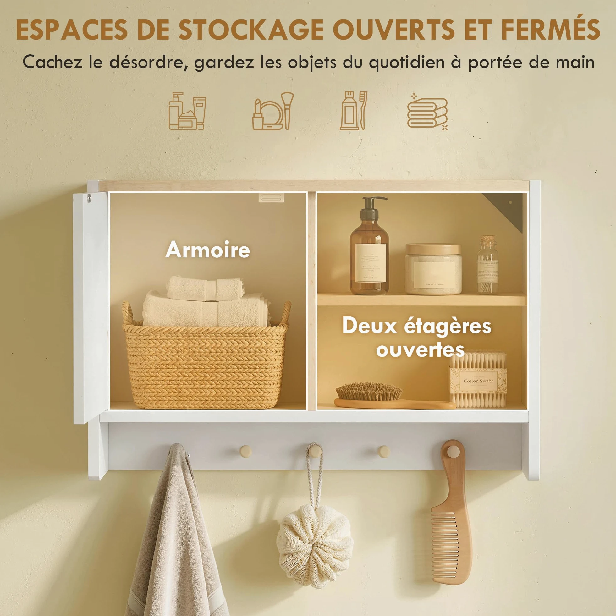 HOMCOM Armoire Murale de Salle de Bain, Meuble de Rangement Suspendu pour Salle de Bains avec Porte, étagères Ouvertes et 5 Crochets, Meuble WC Suspendu, 60 x 20 x 40 cm, Blanc et chêne