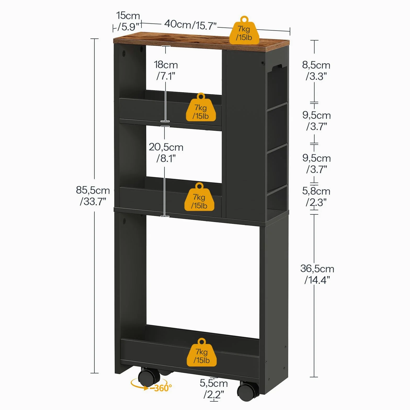 HOOBRO Chariot à 4 Niveaux, 40 x 15 x 85,5 cm, Chariot de Service Étroit avec 4 Roues Pivotantes Verrouillables, pour Petits Espaces, Cuisine, Salle de Bains, Salon, Noir et Marron Rustique EBF84TC01