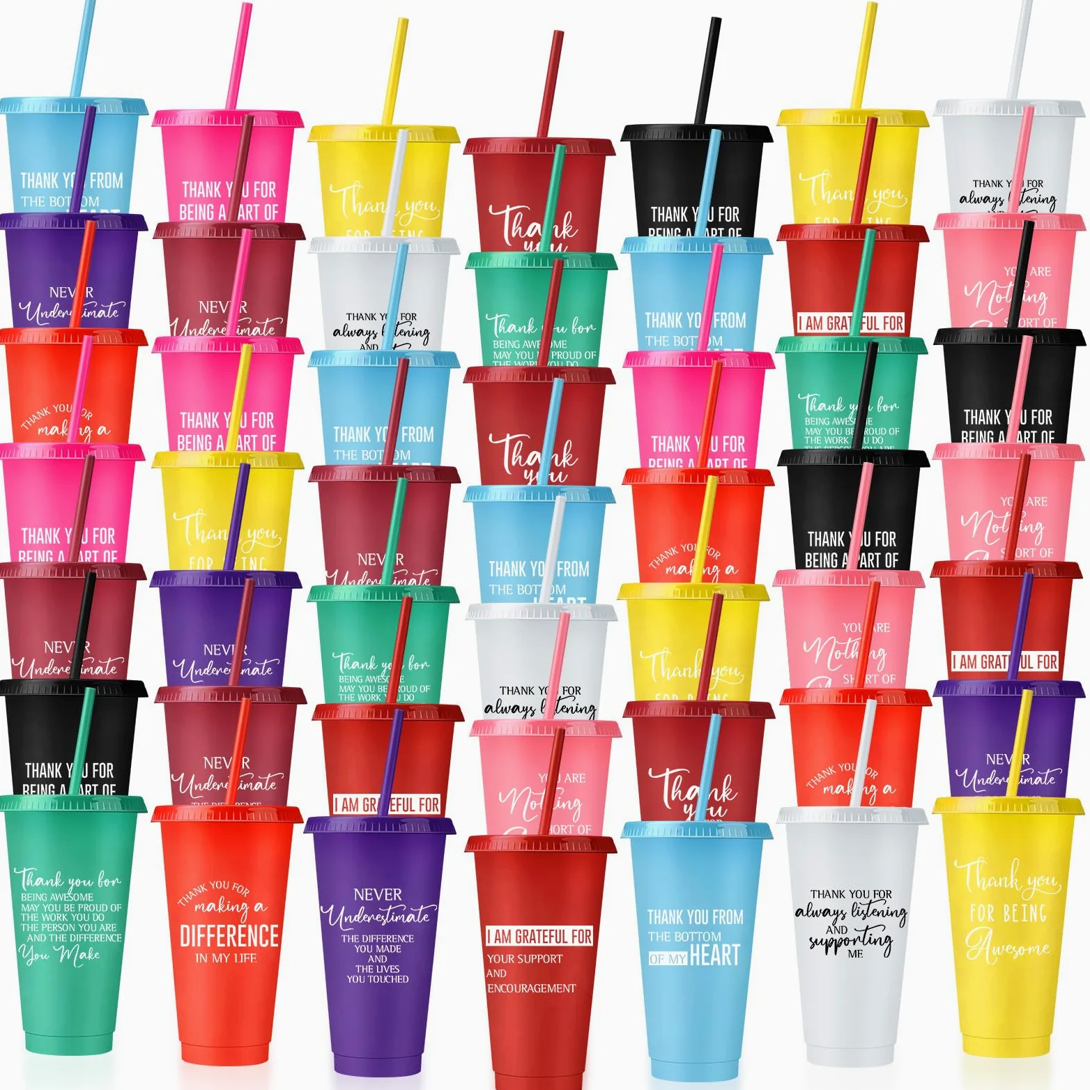 Nuenen Lot de 50 gobelets de reconnaissance des employés avec paille et couvercle - Bouteille d'eau en plastique pour café glacé - 710 ml - Gobelets de remerciement inspirants pour collègue de travail