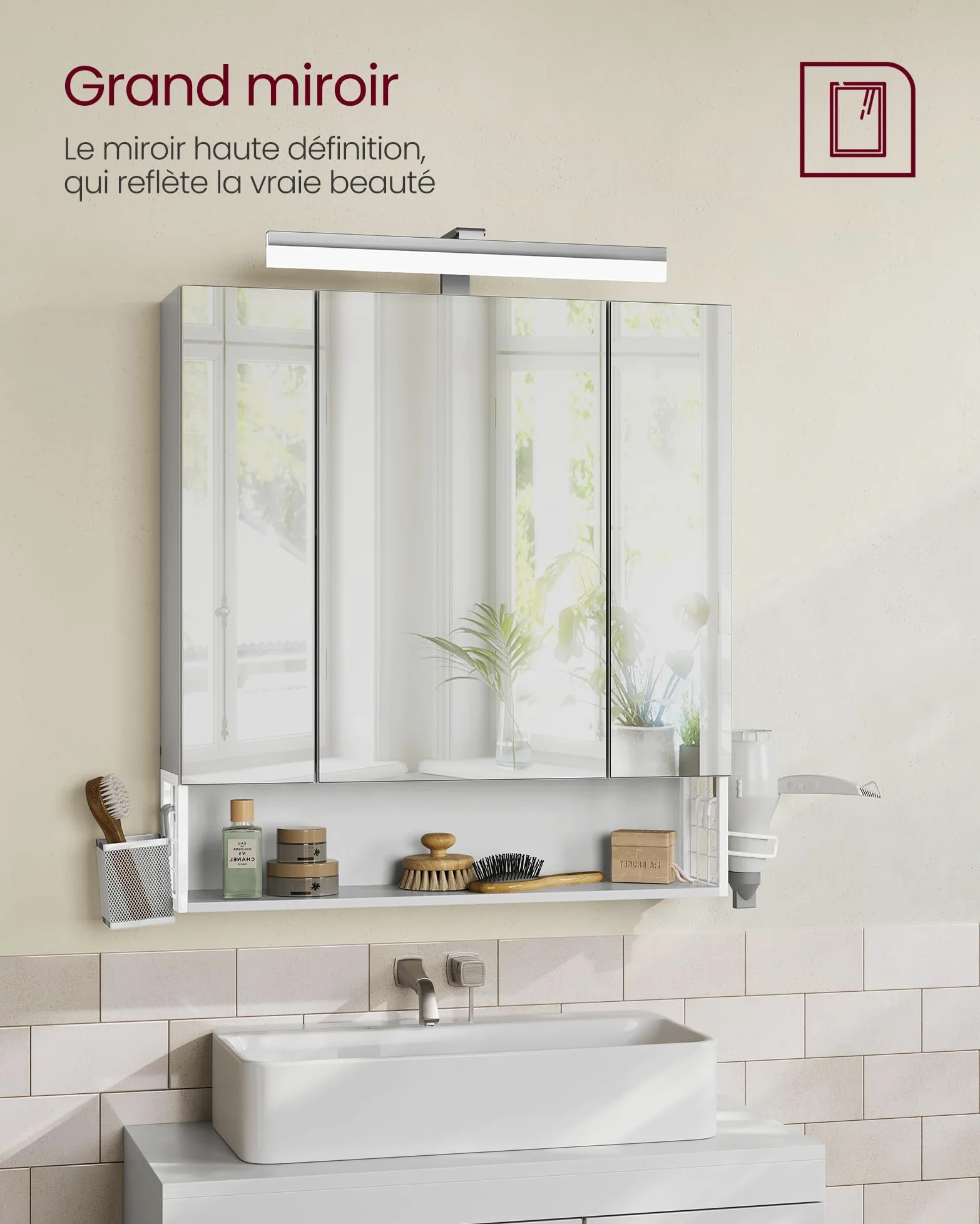 VASAGLE Meuble de Salle de Bain avec Éclairage LED, 16,5 x 70 x 75 cm, Multiprise, Panier Suspendu, Support pour Sèche-Cheveux, pour Salle de Bain, Lavabo, Blanc Nuage BBK126W01