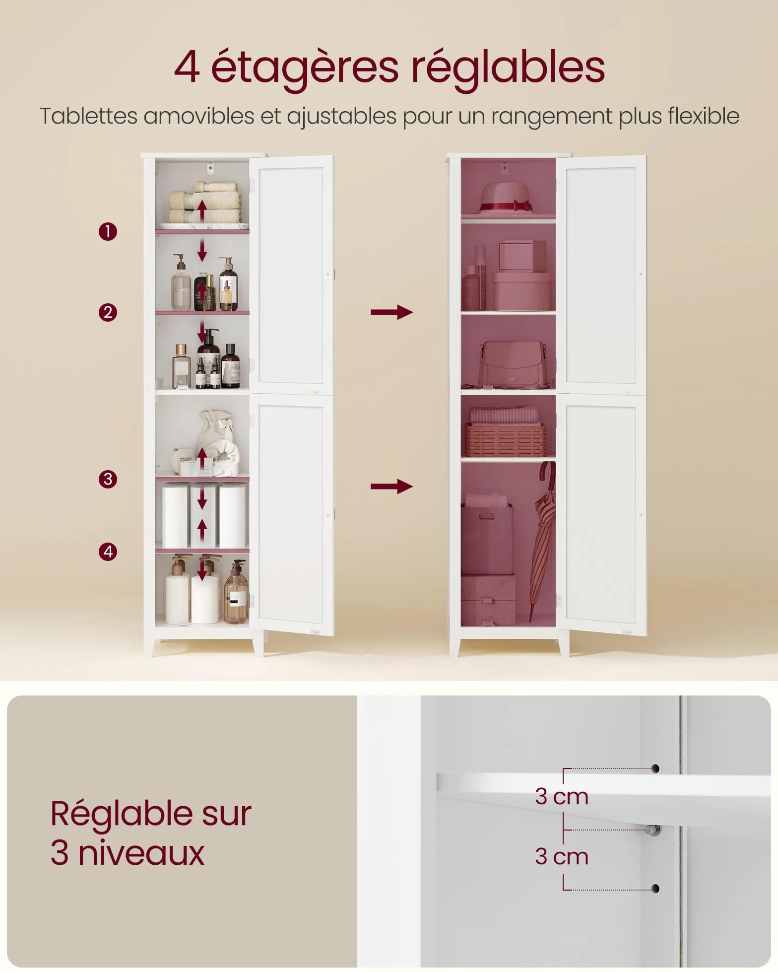 VASAGLE Armoire de Salle de Bain Haut, avec Miroir Pleine Longueur, Meuble de Salle de Bain, avec Étagères Réglables, 30 x 40 x 160 cm, pour Petit Espace, Salon, Couloir, Blanc Nuage BBC764WH01