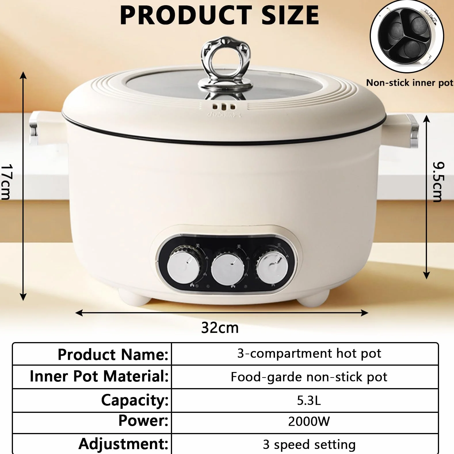 Hotpot Casserole électrique 5,3 l avec chauffage rapide et trois boutons rotatifs, 1600 W avec revêtement antiadhésif, 3 niveaux de réglage de la température, pour steak, fondue, légumes