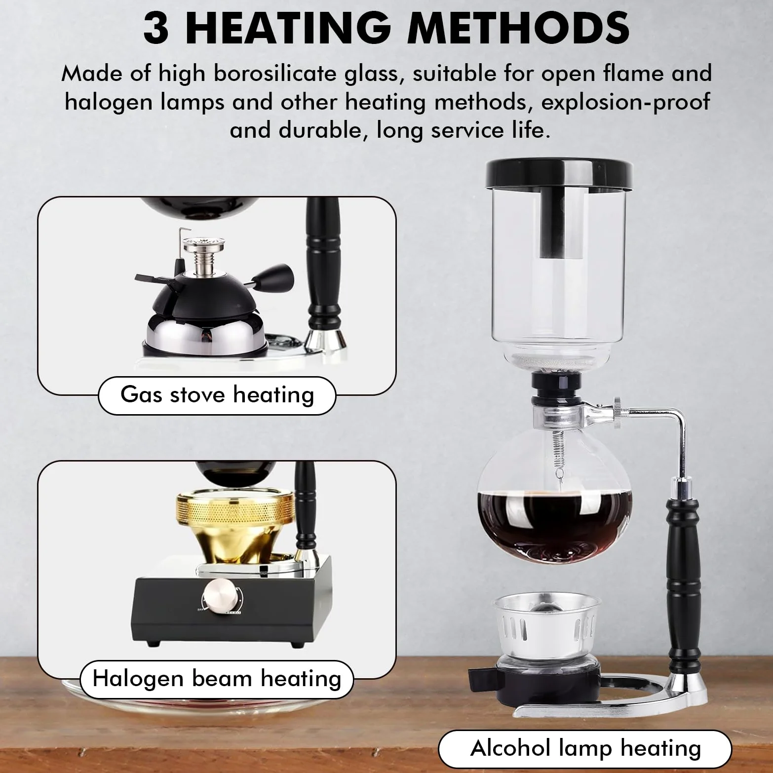 LIROPAU Machine à café siphon, cafetière sous vide, siphon à café japonais, 5 tasses, 600 ml, résistant à la chaleur, avec base de filtre anti-goutte, outils d'extraction pour café infusé à la main