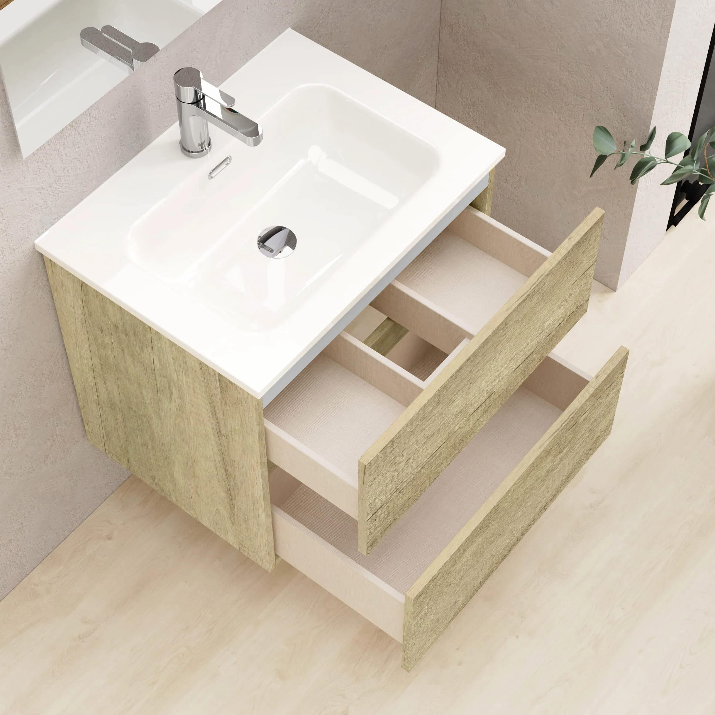 Baikal Meuble de Salle de Bains, Armoire Suspendue avec Vasque en Ceramique, Hauteur 55 cm, Largeur 60 cm, 2 Tiroirs, Finition Nature, Meuble Monte