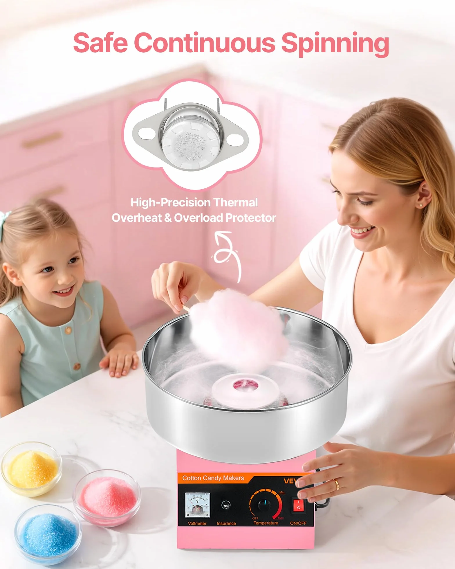 VEVOR Machine à Barbe à Papa Électrique 1000 W, Appareil à Barbe à Papa avec Bol en Acier Inoxydable de 38 cm et Cuillère à Sucre, Nettoyage Facile, pour Faire des Bonbons, Fêtes Anniversaires, Rose