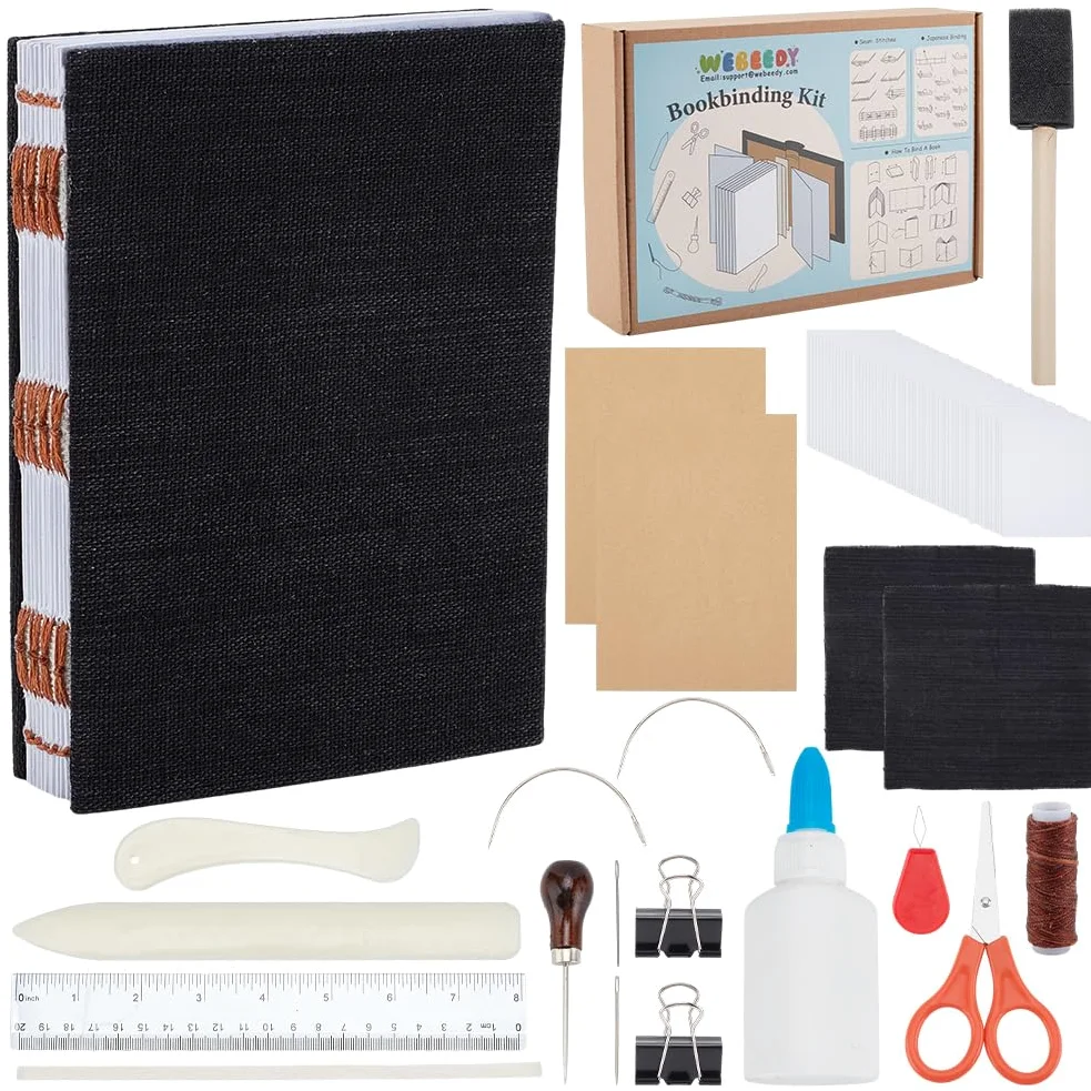 WEBEEDY Kit de Reliure Artisanale DIY Noir Complet pour Adultes Kit de Reliure Artisanale avec Fil Papier et Autres Outils pour les Débutants,10X15cm(A6)