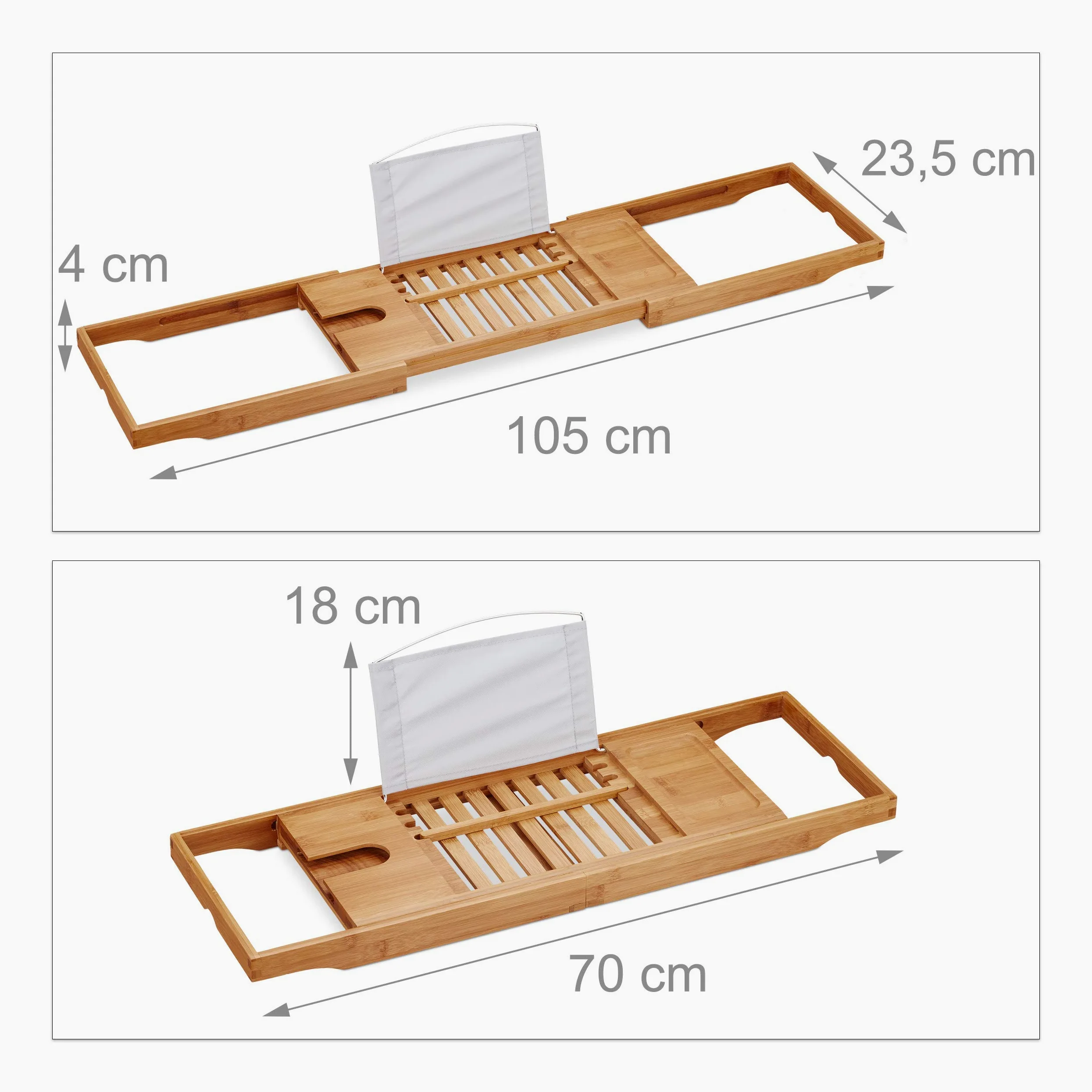 Relaxdays Pont de Baignoire XL, avec Serre-Livre & pour Tablette, Plateau Luxueux, Bambou, Extensible 70-105 cm, Nature