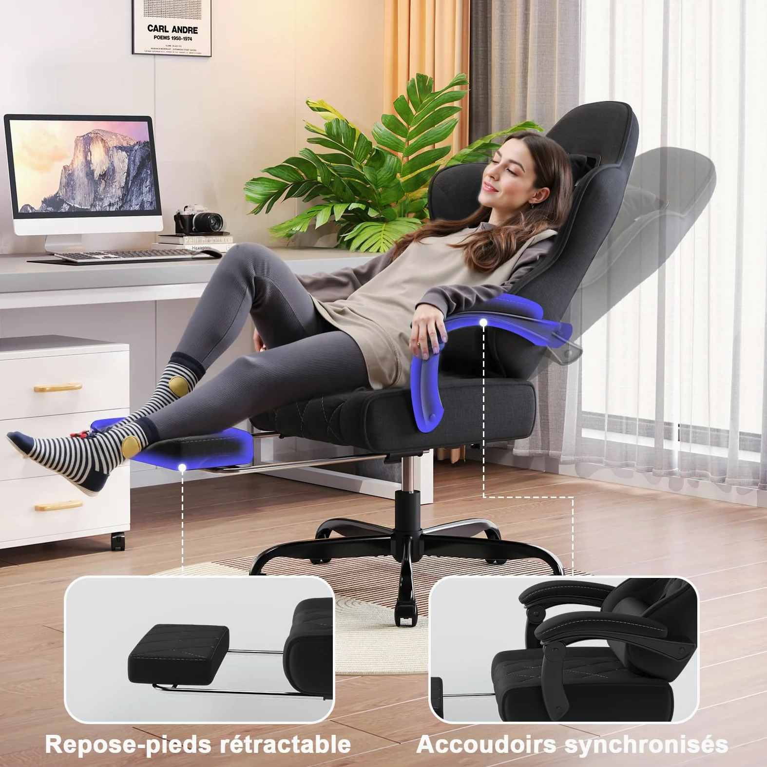 Devoko Chaise Gaming Ergonomique en Tissu, Chaise Bureau Gamer avec Repose-Pieds, Dossier Inclinable, Hauteur Réglable, Massage Lombaire, Fauteuil Gamer Respirant et Anti-Griffes pour Chat, Noir