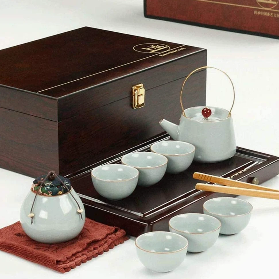 Service à thé chinois en céramique Kung Fu - Plateau à thé en bois massif - Coffret cadeau - A, B