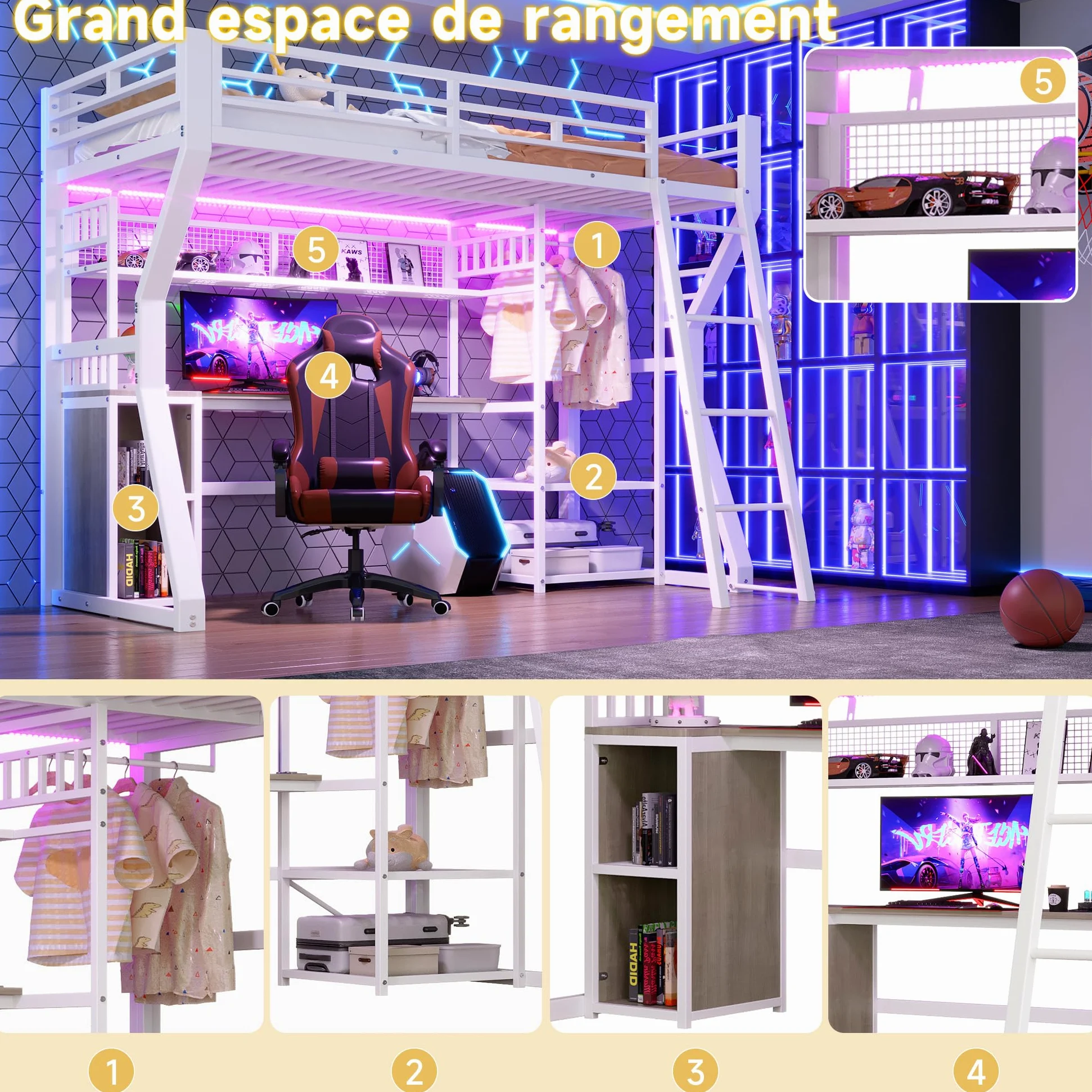 Lit Mezzanine Enfant 90x200cm avec Bande LED et Prise Électrique,Lit Superposé 1 Places en Métal avec Penderie,Bureau, Rangements,Étagères,Cadre de Lit Simple per Ado,sans Matelas,Blanc