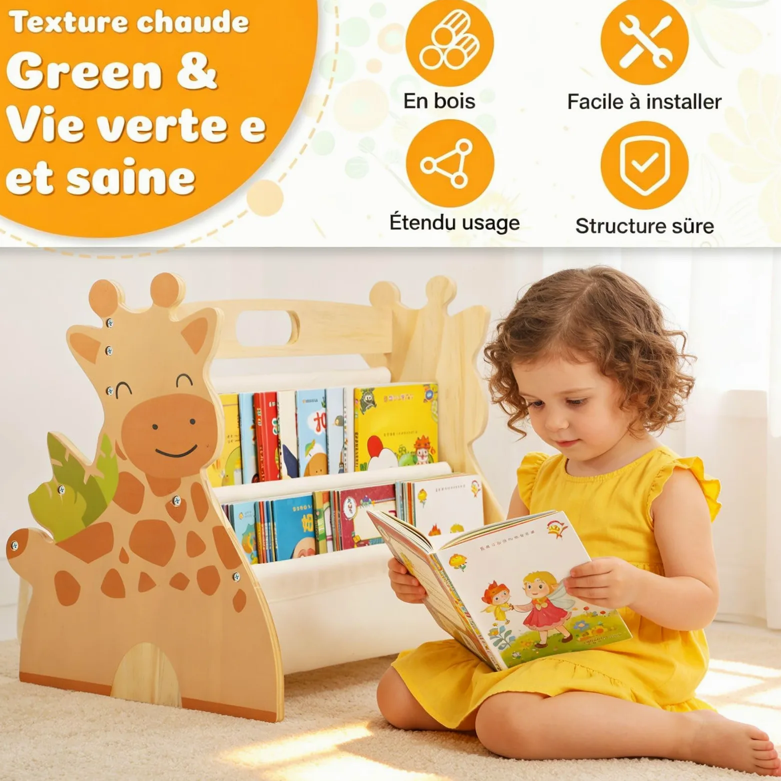 Bibliothèque Montessori Bois pour Enfant 43x34x28,3cm Bibliothèque Enfant Double Face Quatre Couches avec Poignée Rangement Livre Enfant 3-8 Ans Aménagement Open Bords Arrondis pour Chambres écoles