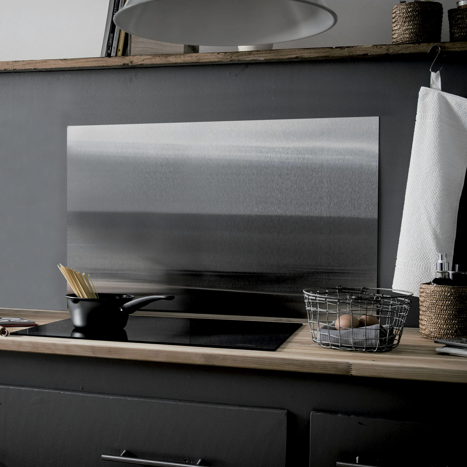 Compactor - Crédence adhésive pour cuisine en inox brossé 90 x 50 cm - Plaque anti projections murale aimantée - Protection murale cuisine à coller - Habillage inox pour plaque de cuisson