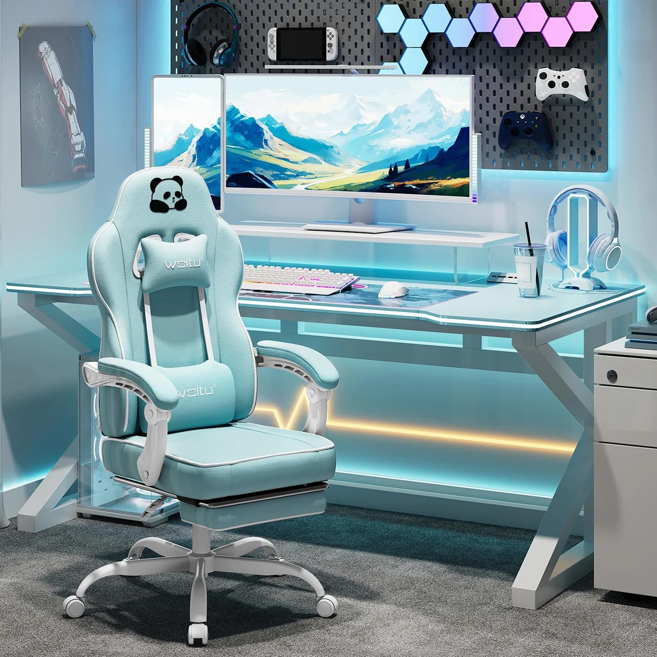 WOLTU Chaise Gaming, Fauteuil Gaming, avec Coussin à Ressorts Ensachés, Chaise Ergonomique, Charge 150kg, Appui-tête, Support Lombaire, Repose-Pieds, Tissu Maille, Bleu Clair