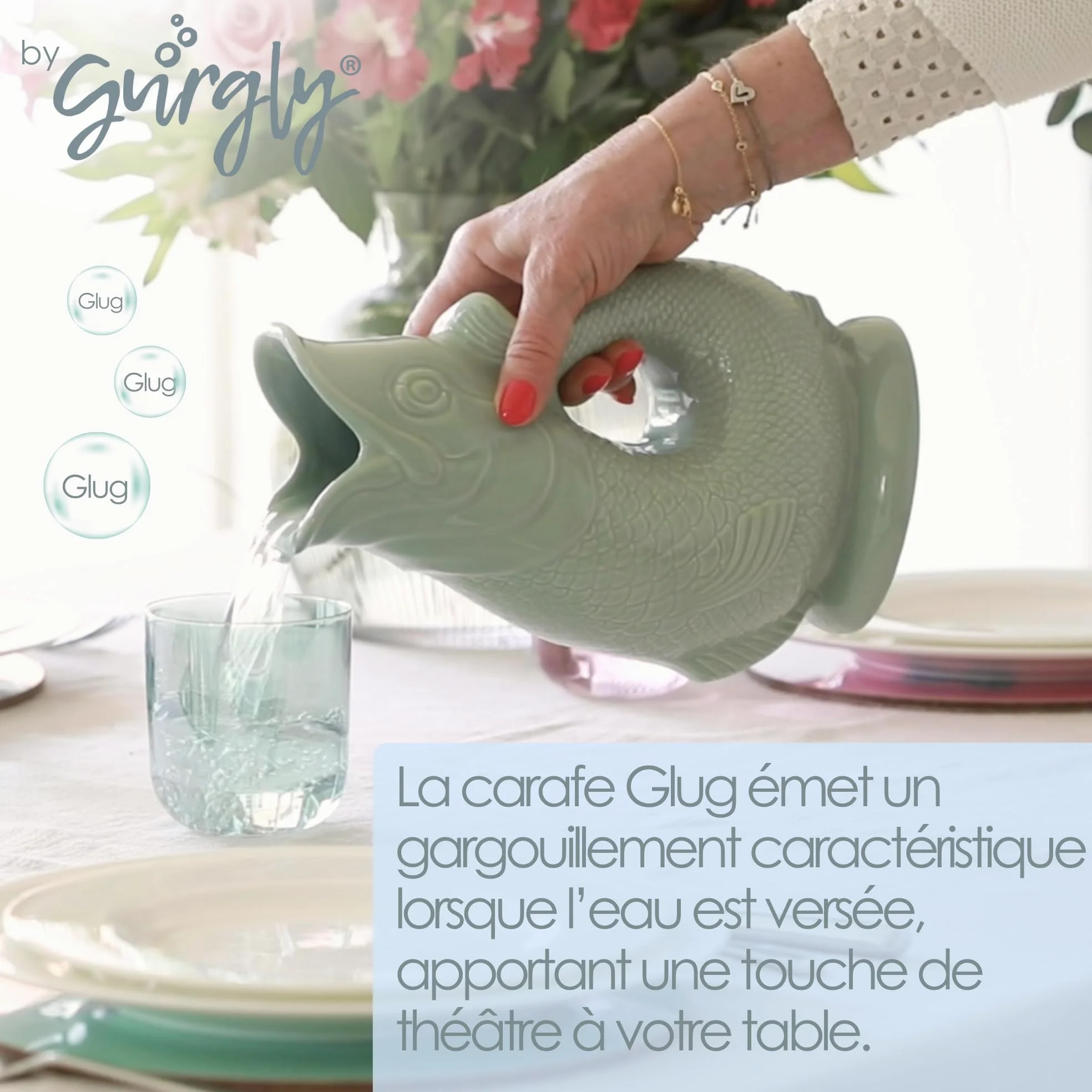 Iconique Vert Sauge Glug Jug Grand 28 cm 1,4 L – Pichet à Eau de Poisson, Vase à Poisson Décoratif, Ornement, Carafe